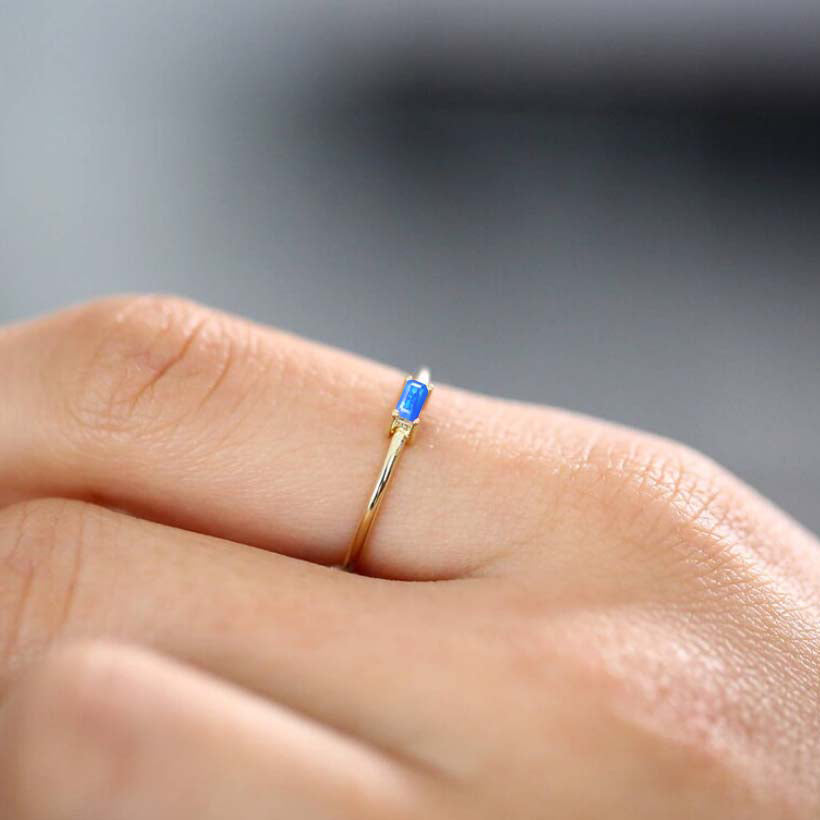 Blue Fire Opal Baguette Gemstone Minimalist Ring for Women - Dainty Stackable Wedding Band, Elegant Everyday Jewelry Gift for Her