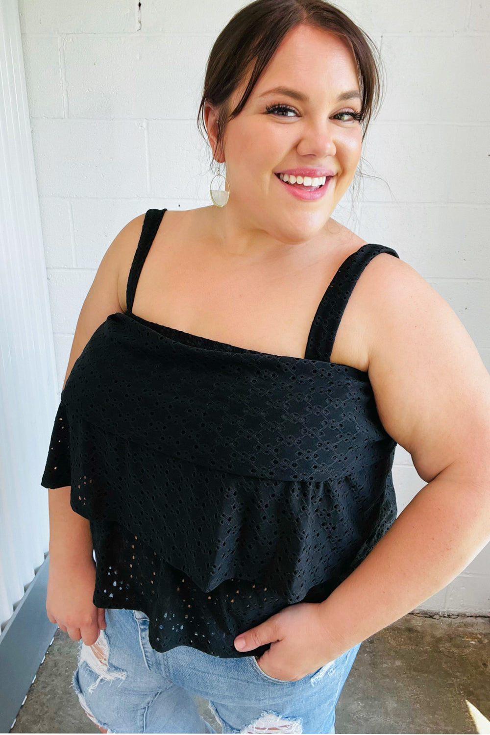 Black Eyelet Tiered Sleeveless Lined Top for Women - Summer Boho Chic Blouse - Perfect for Beach Vacations, Date Nights & Casual Outings