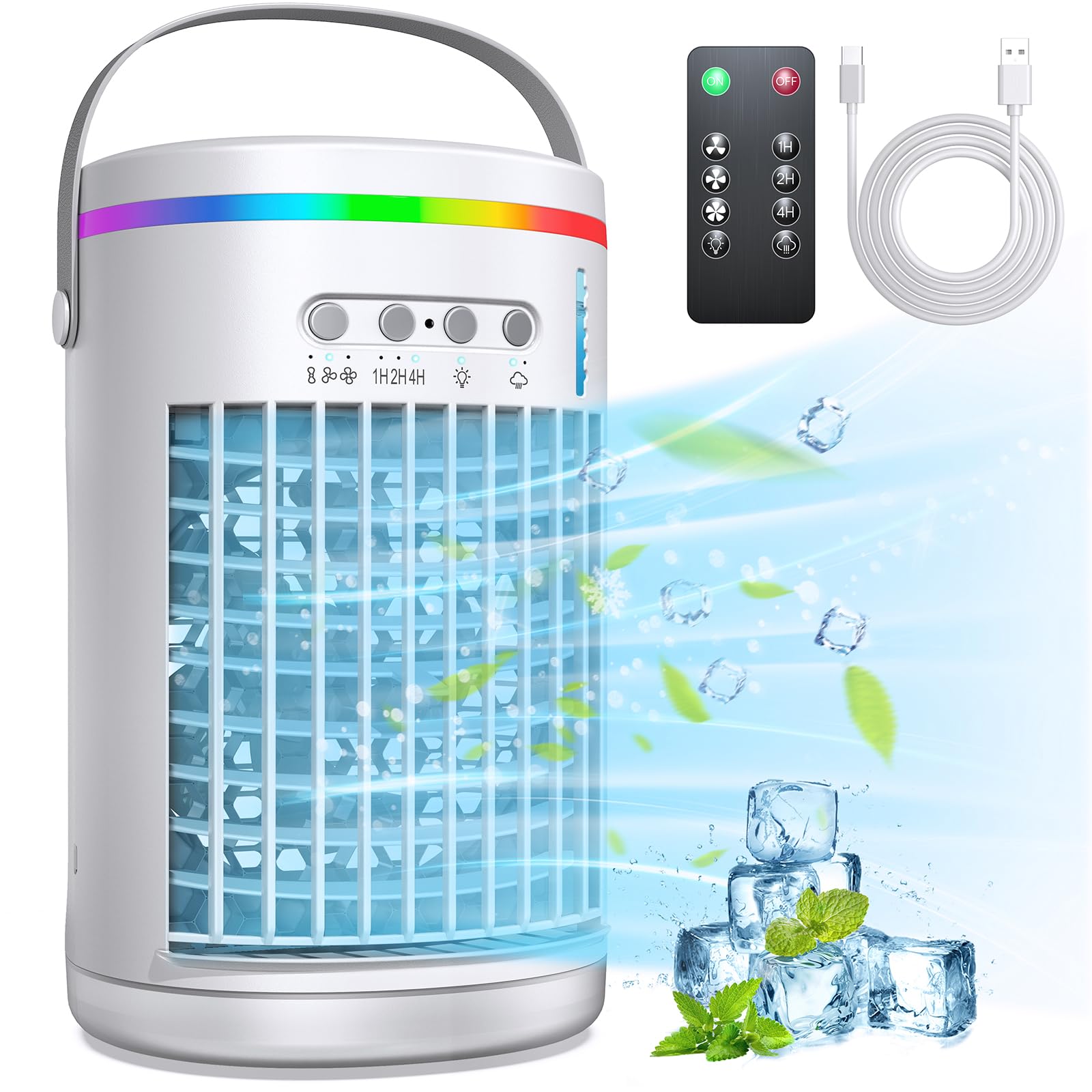 Portable Air Conditioner Fan - Vosaf 1400ml Evaporative Mini AC with 7-Color LED Lights, 3 Speed Settings, Humidifier | Personal Space Cooler for Bedroom, Office, Desk & Home Use | Compact Cooling Solution for Hot Days