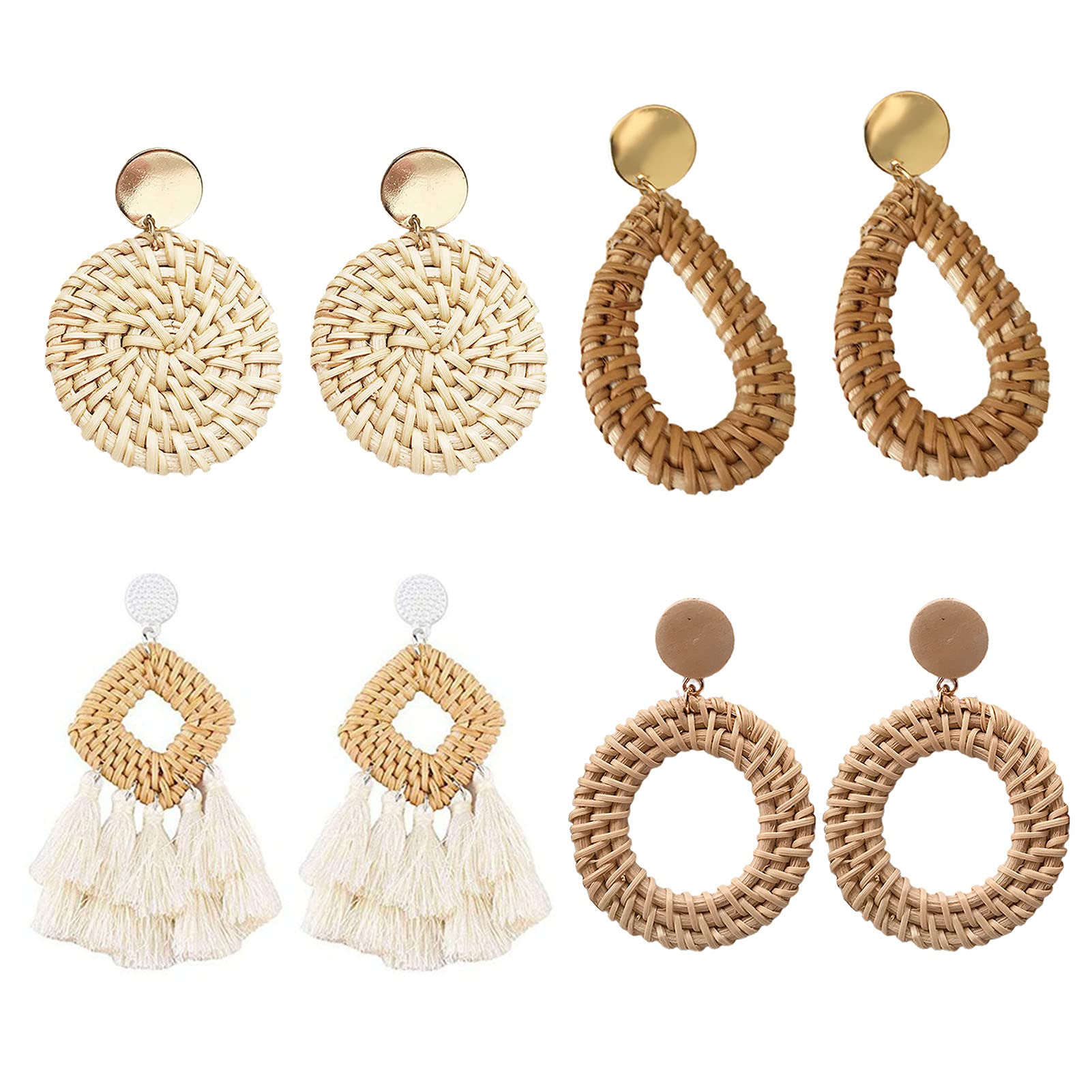 4 Pairs Handmade Bohemian Rattan Earrings for Women & Teen Girls - Geometric Braided Tassel Earrings Set for Dating, Parties & Everyday Wear