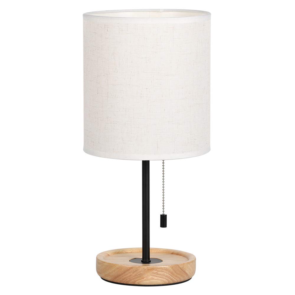 HAITRAL Modern Nightstand Lamp with Linen Fabric Shade & Wooden Base - 16 Inch Bedside Table Lamp for Bedroom, Office, College Dorm, Dining Room & Girls Room (HT-AD005) | Warm Ambient Lighting for Reading & Relaxation