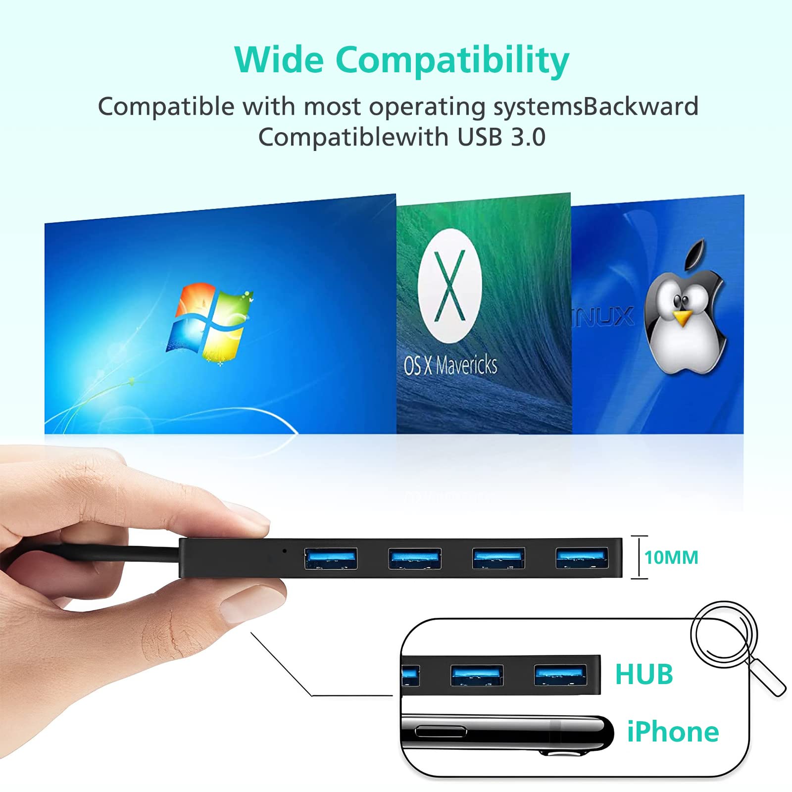 4-Port USB 3.0 Hub Ultra Slim - High Speed Data Hub & Splitter for MacBook, PC, Laptop - USB Extension Adapter for Flash Drives, External HDD | Perfect for Home Office, Gaming & Travel Accessories