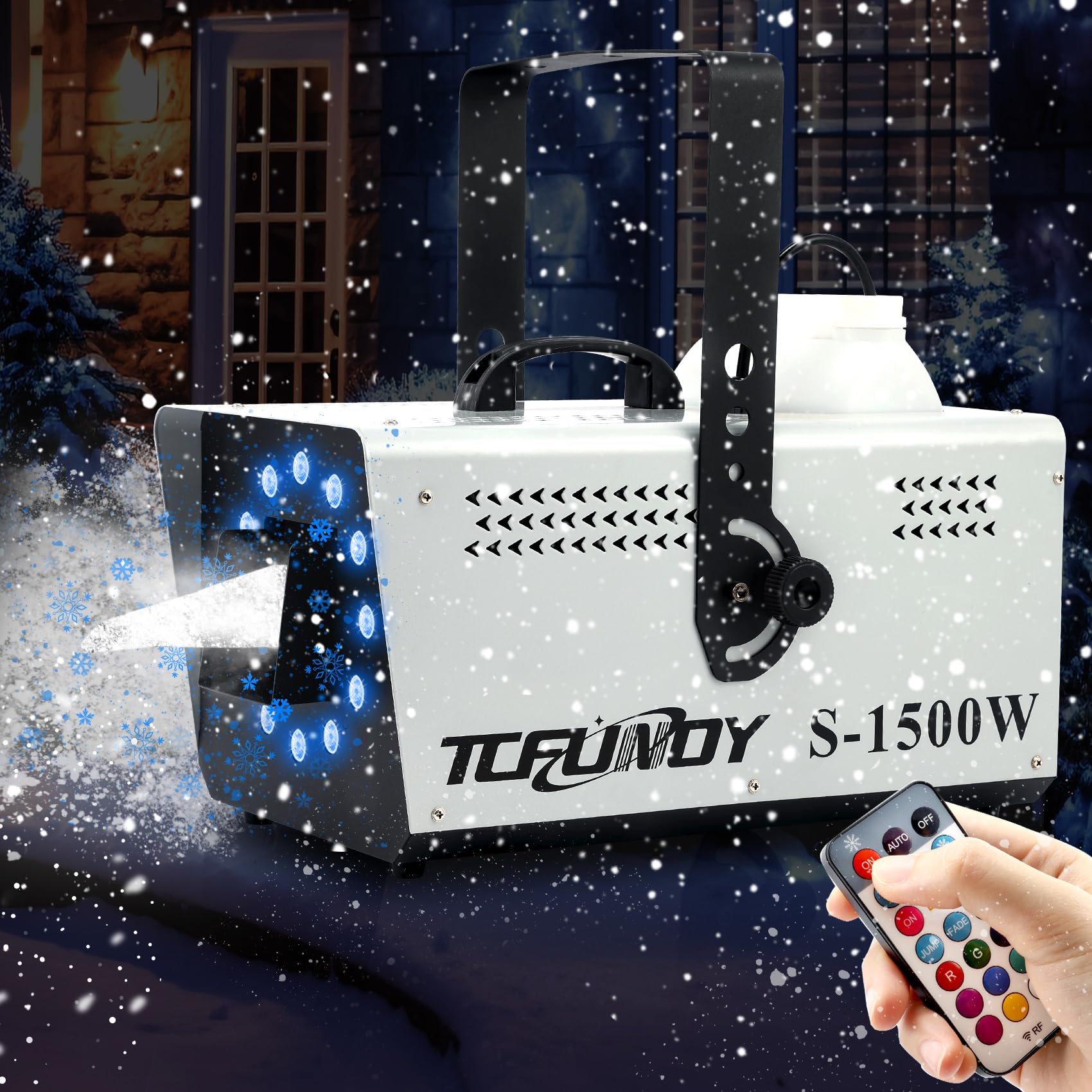 1500W TCFUNDY Snow Machine with 12 LED Lights & Remote Control - 9 Color Snowflake Effect for Christmas, Wedding, Kids Party & Stage Shows | Indoor/Outdoor Winter Wonderland Decor