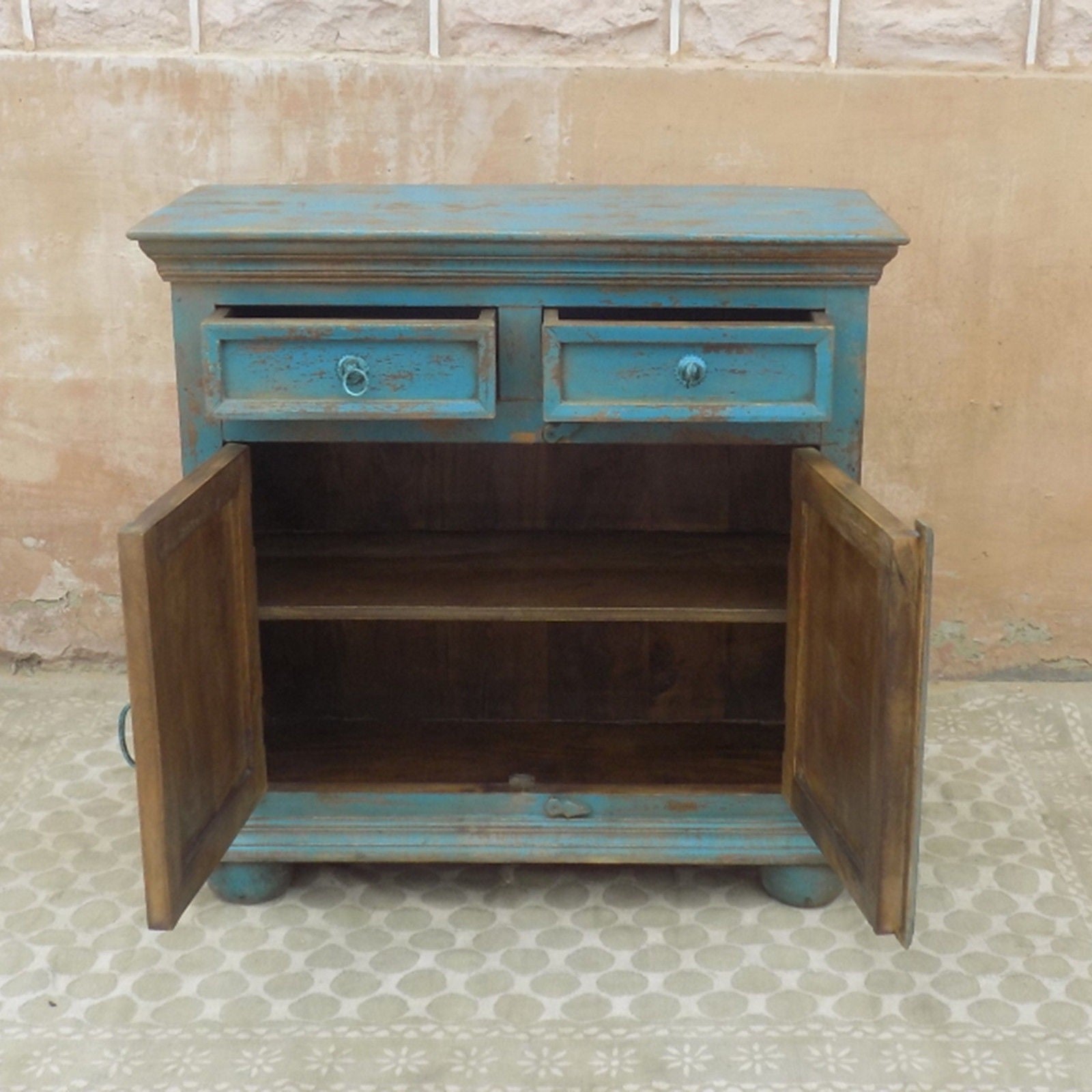 Hand Carved Solid Wood Sideboard - Rustic Blue 1M Wide Buffet Cabinet for Dining Room, Farmhouse Decor, Kitchen Storage & Entryway Furniture