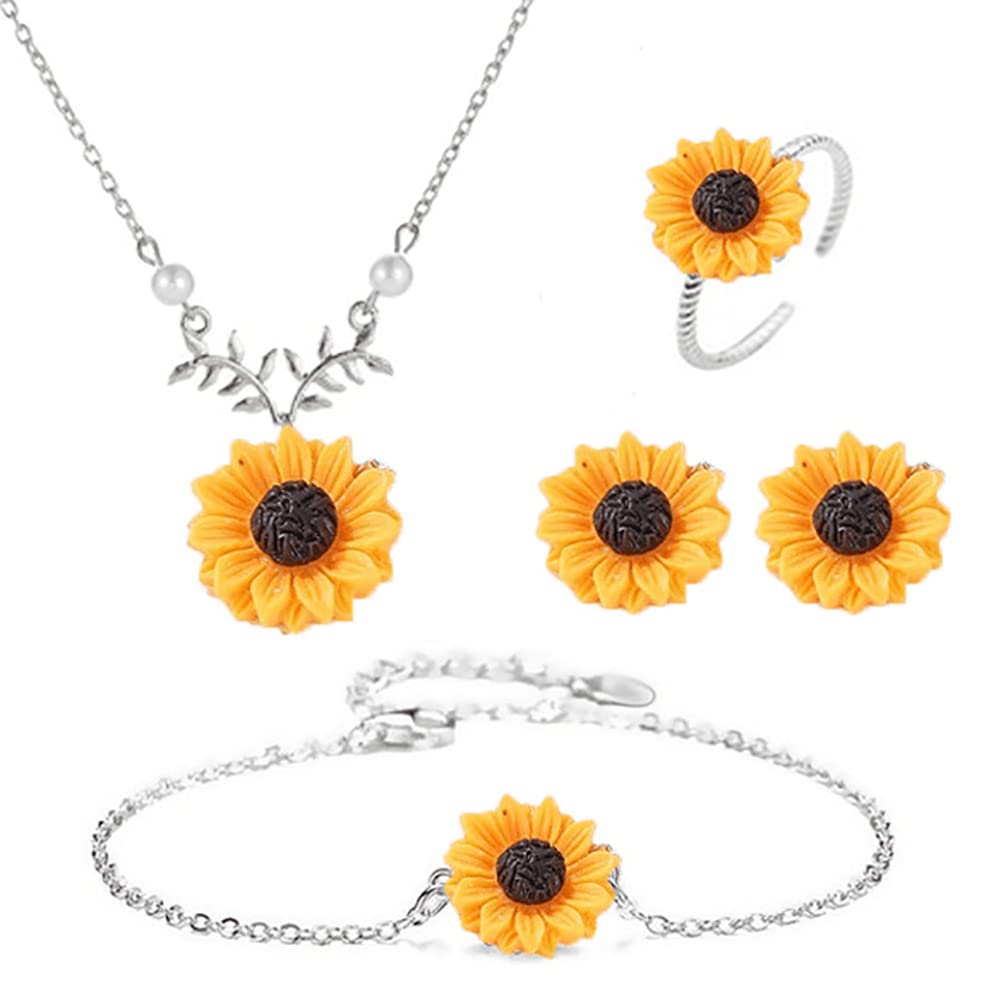 Wedity Sunflower Jewelry Set for Women - Adjustable Necklace, Earrings, Ring & Bracelet in Silver | Perfect for Gifts, Parties & Everyday Wear