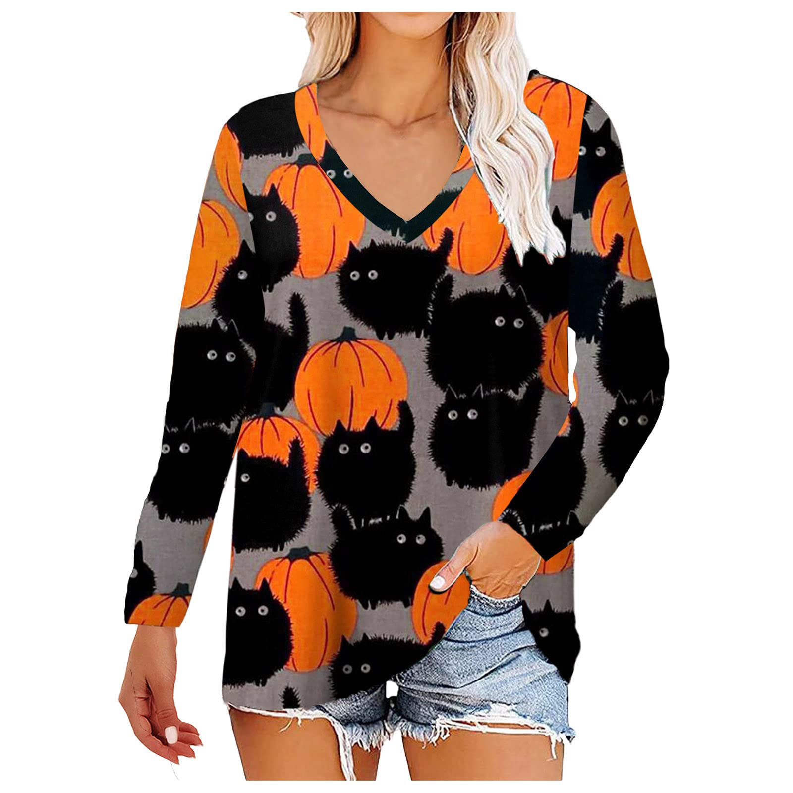 GuGsi Women's Halloween Long Sleeve T-Shirt & Sweatshirt - Loose Fall Blouse Top for Casual Wear (2022 Collection) | Perfect for Autumn Outfits, Pumpkin Patch Visits & Cozy Seasonal Layering