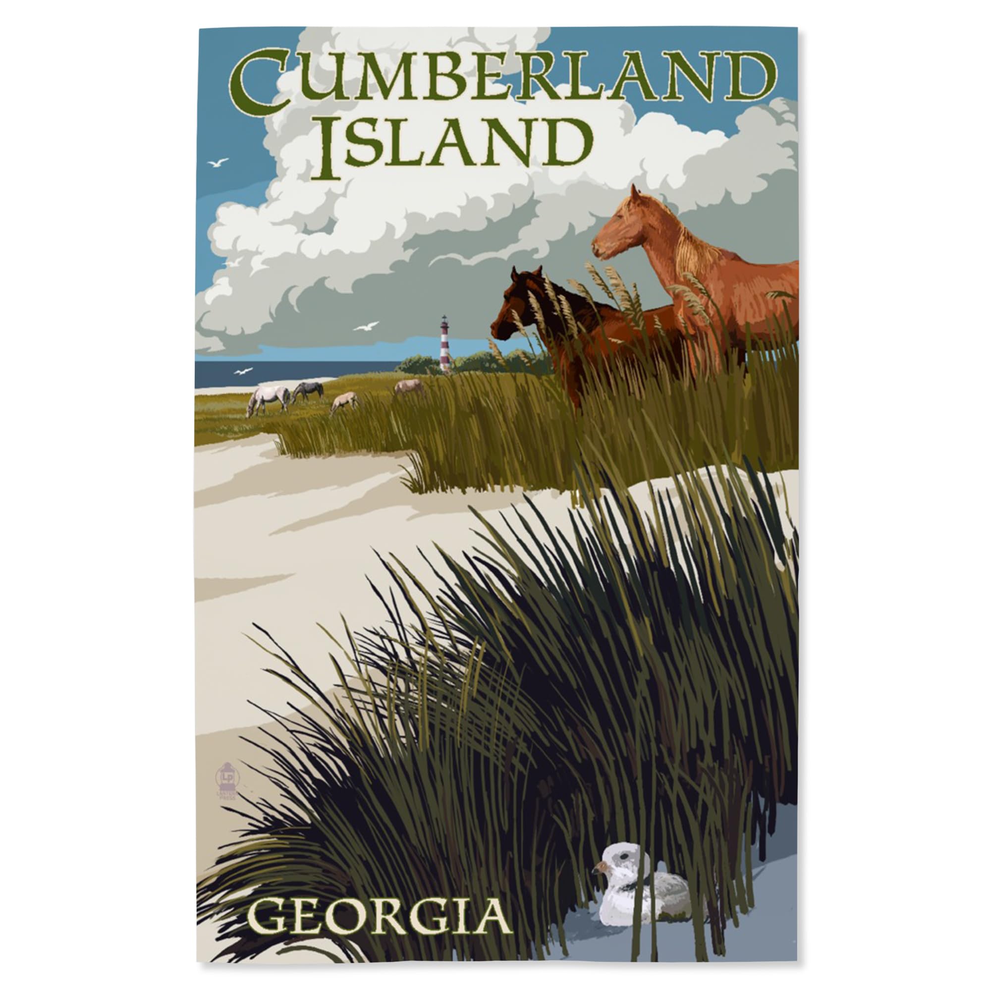 Lantern Press 16x24 Inch Giclee Art Print - Cumberland Island Georgia Landscape with Wild Horses, Sand Dunes & Lighthouse - Coastal Home Decor, Beach House Wall Art, Office Decoration