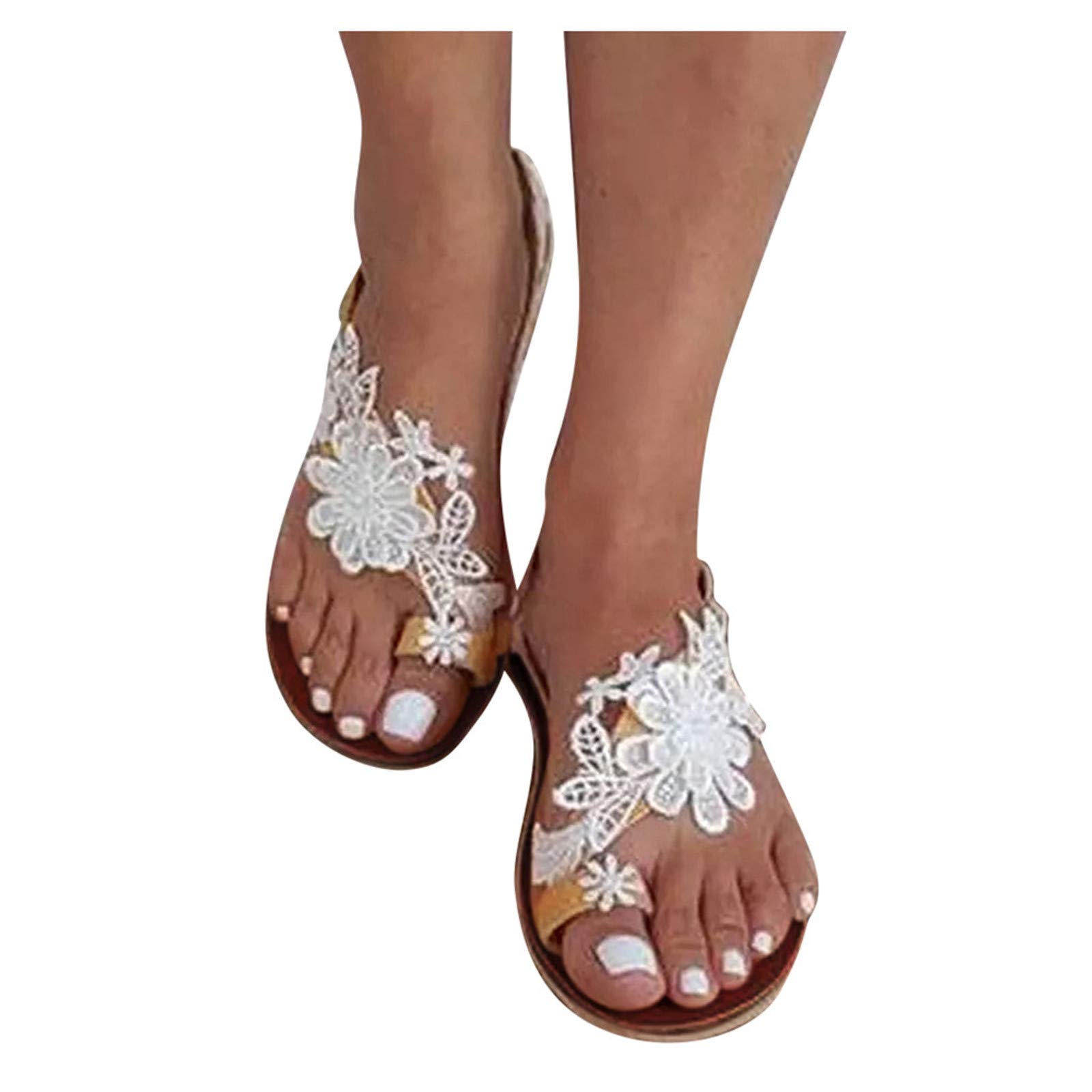 Women's Boho Flower Rhinestone Flat Sandals - Stylish Thong Sandals for Summer, Open Toe Gladiator Dress Sandals for Beach, Party & Casual Outfits