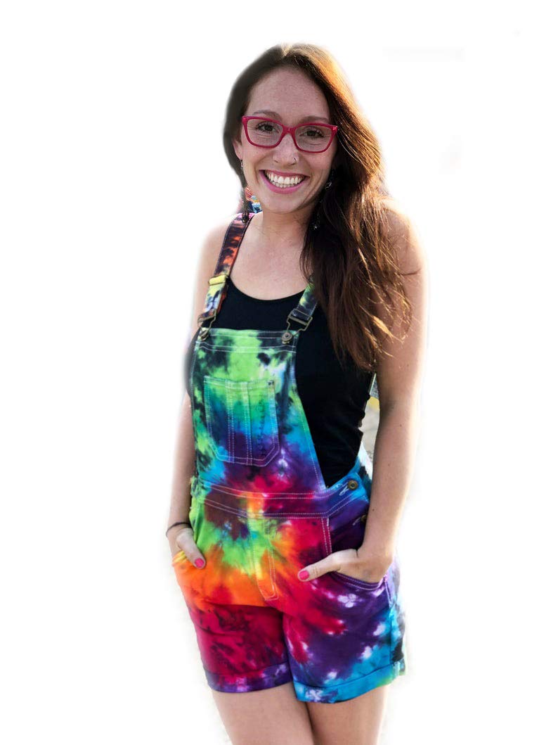 Tie Dye Women's Overall Jean Shorts - Hippie Style Denim Overalls - Sizes S to XXL - Perfect for Music Festivals, Beach Outings & Boho Fashion