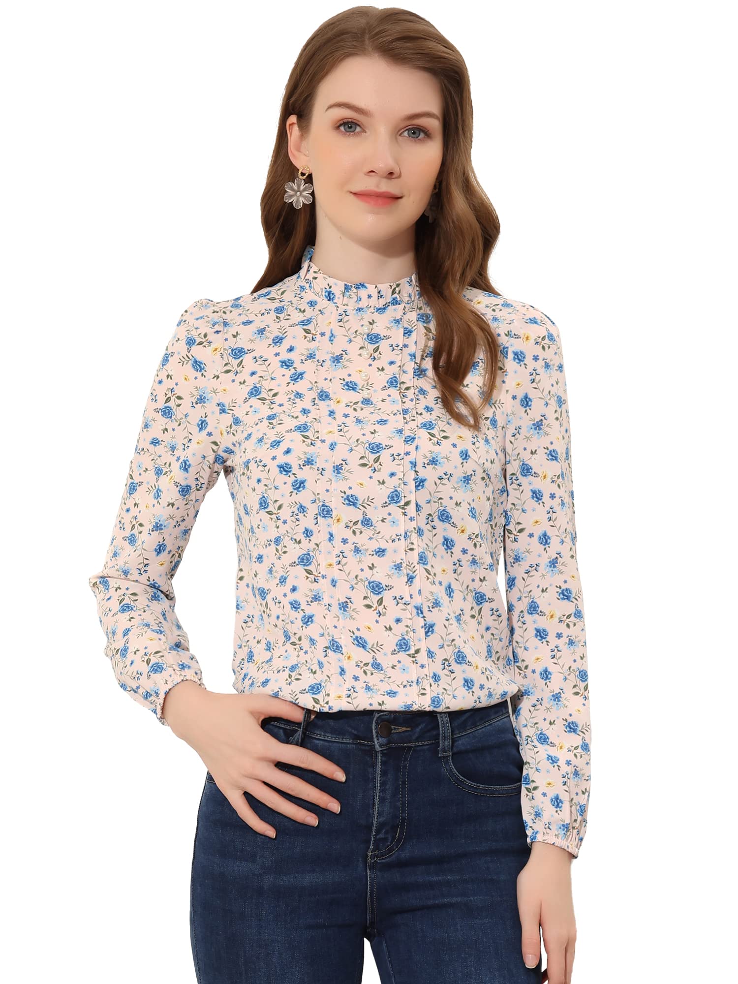Allegra K Women's Floral Blouse - Flounce Mock Neck Long Sleeve Work Top for Office, Party & Casual Wear | Elegant & Comfortable Women's Fashion Blouse