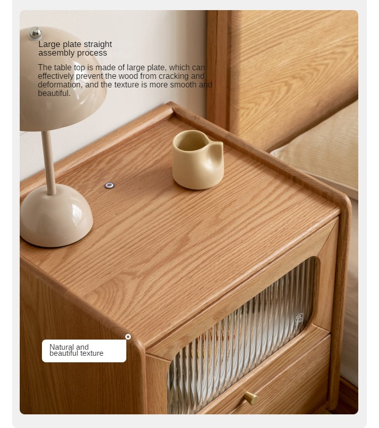 Solid Oak Wood Nightstand with Built-in LED Light - Modern Bedside Table for Bedroom, Living Room, or Office