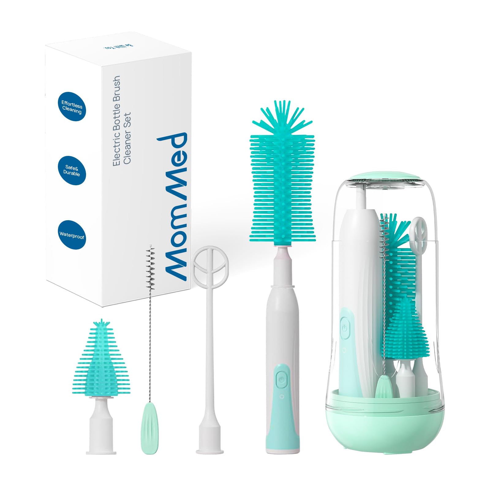 MomMed Electric Bottle Brush Set - 360° Rotating Silicone Brush for Baby Bottles, Pacifiers, Straws & Mixing Heads with 2 Cleaning Modes | Includes Drying Rack | Perfect for Newborn Feeding, Travel & Quick Cleaning