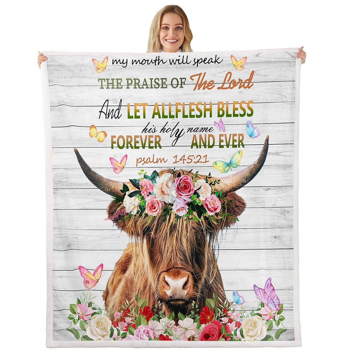 Feelyou Highland Cow Sherpa Blanket - Soft Plush Fleece Throw Blanket 50x60 Inches for Kids, Boys & Girls - Rose Highland Cattle Design for Sofa, Bed & Couch - Cozy Botanical Floral Fuzzy Blanket for Winter Nights & Home Decor