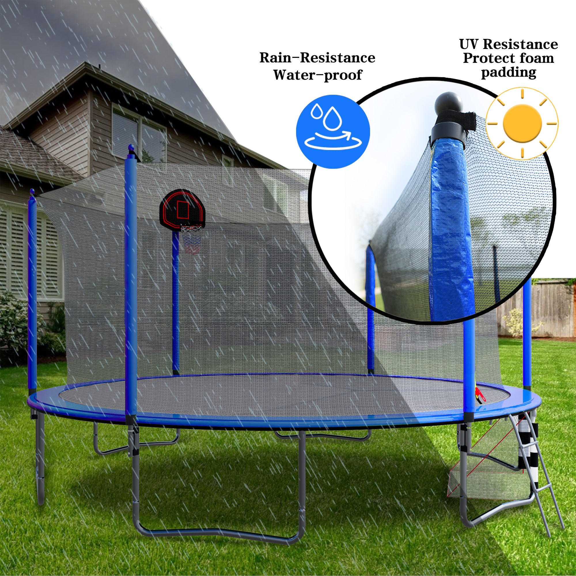 16FT Trampoline with Basketball Hoop, Pump & Ladder - Includes Inner Safety Enclosure & Soccer Goal (Blue) - Perfect for Backyard Fun, Outdoor Exercise & Family Bonding Activities