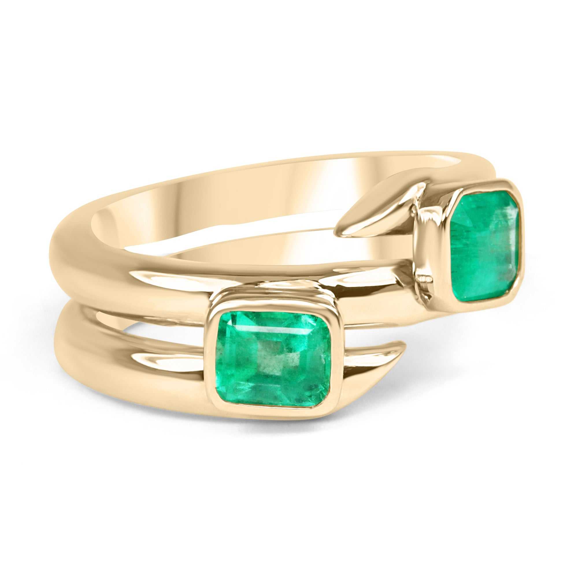 2.08tcw Toi Et Moi Double Bezel 14K Gold Cuff Ring with Natural Emerald - Elegant Statement Jewelry for Weddings, Anniversaries & Special Occasions