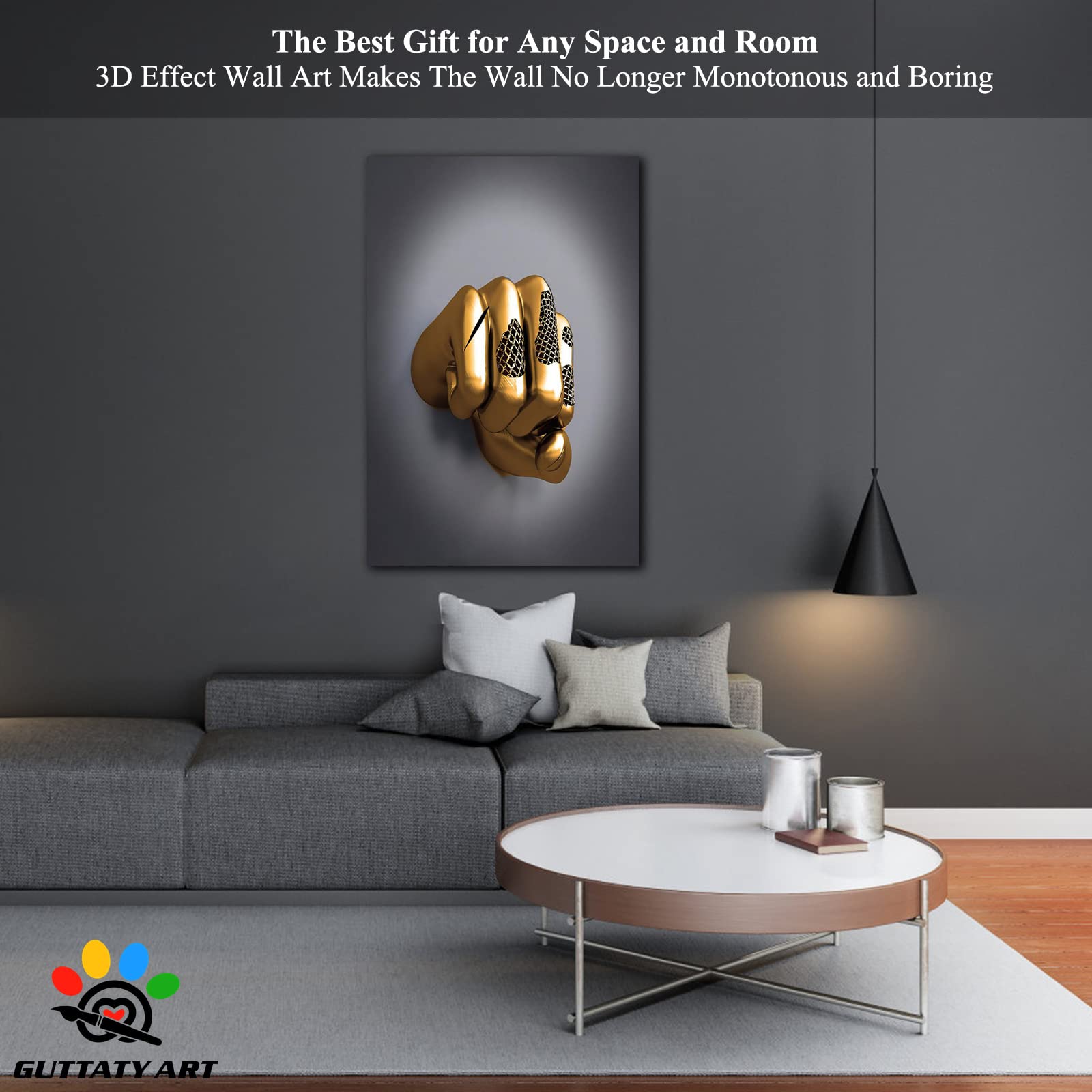 3D Metal Effect Fist Canvas Wall Art - Modern Silver Framed Wall Decor for Men's Bedroom & Living Room - Valentine's Day Gift Idea - 24x36 Inches - Perfect for Home Office, Man Cave, or Contemporary Interior Design