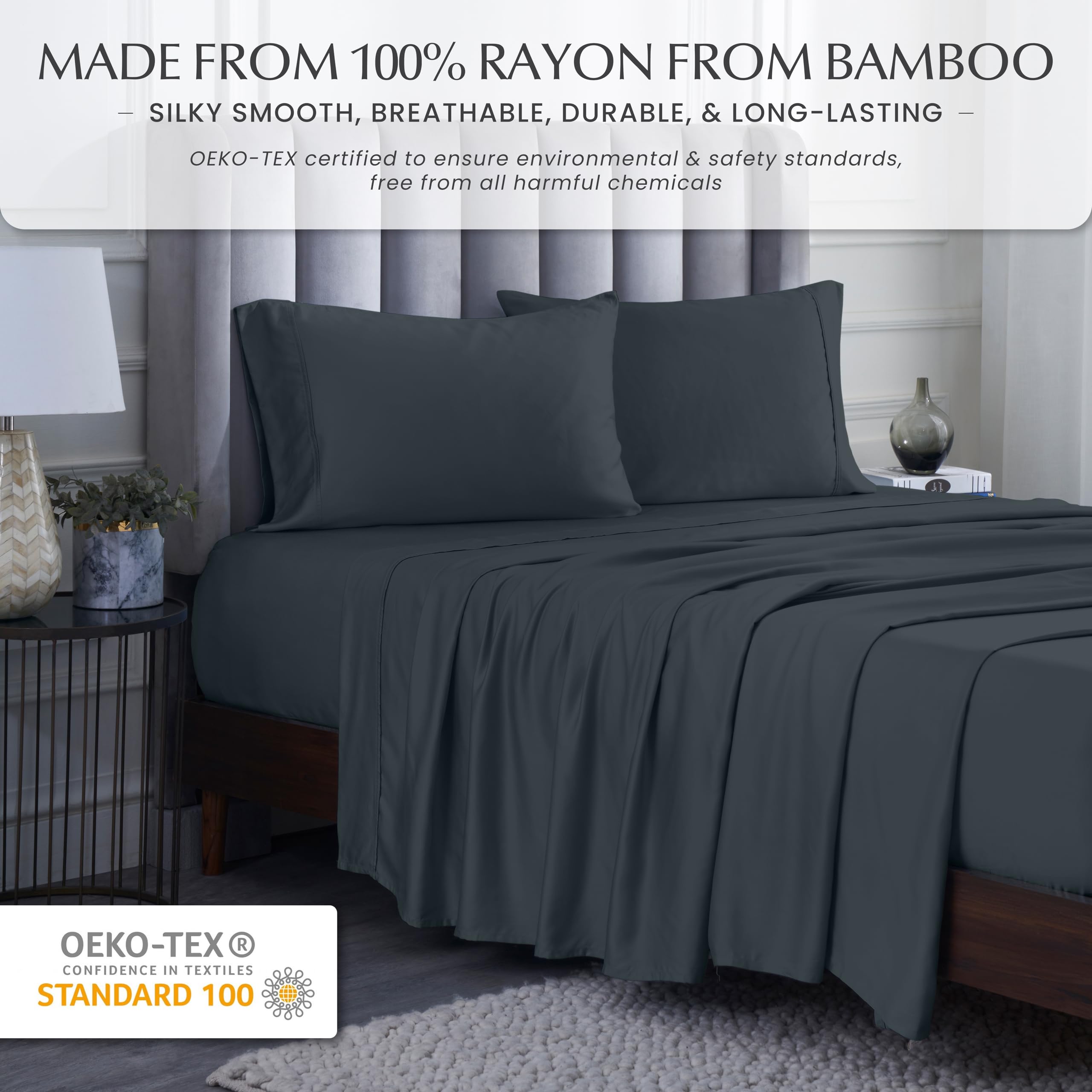 Premium 300-Thread-Count Bamboo Rayon Bed Sheet Set - King Size Charcoal - 1 Deep Pocket Fitted Sheet, 1 Flat Sheet & 2 Pillowcases - Ultra Soft Sateen Weave Luxury Bedding for Hotel-Style Comfort - Perfect for Master Bedrooms, Guest Rooms & Cozy Sleep Retreats
