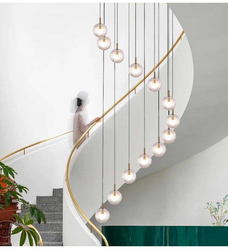 Elegant Minimalist Glass Stone Pendant Staircase Chandelier Lighting - Modern Crystal Ceiling Light Fixture for Living Room, Dining Room, and Foyer Decor