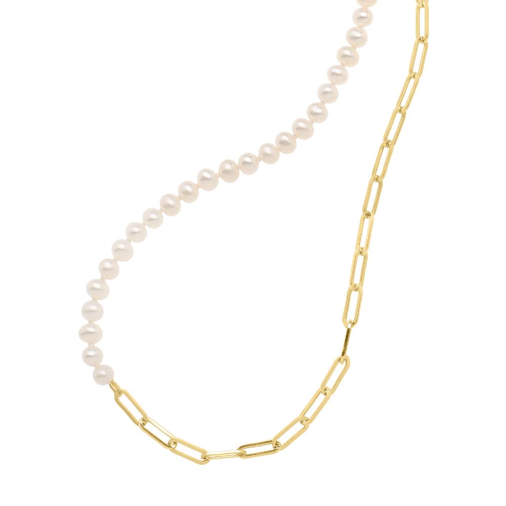 14K Gold 5mm Pearl & Lite Paperclip Necklace - Elegant Layering Jewelry for Women, Perfect for Everyday Wear, Office & Special Occasions