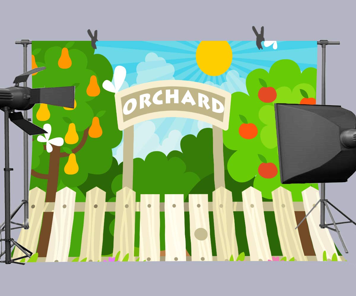 9x6FT Cartoon Orchard Apple Pear Tree Backdrop with Wood Fence & Blue Sky - Perfect for Birthday Parties, Baby Showers, Photo Booths, Cake Tables & Photography Props (LHLU807)