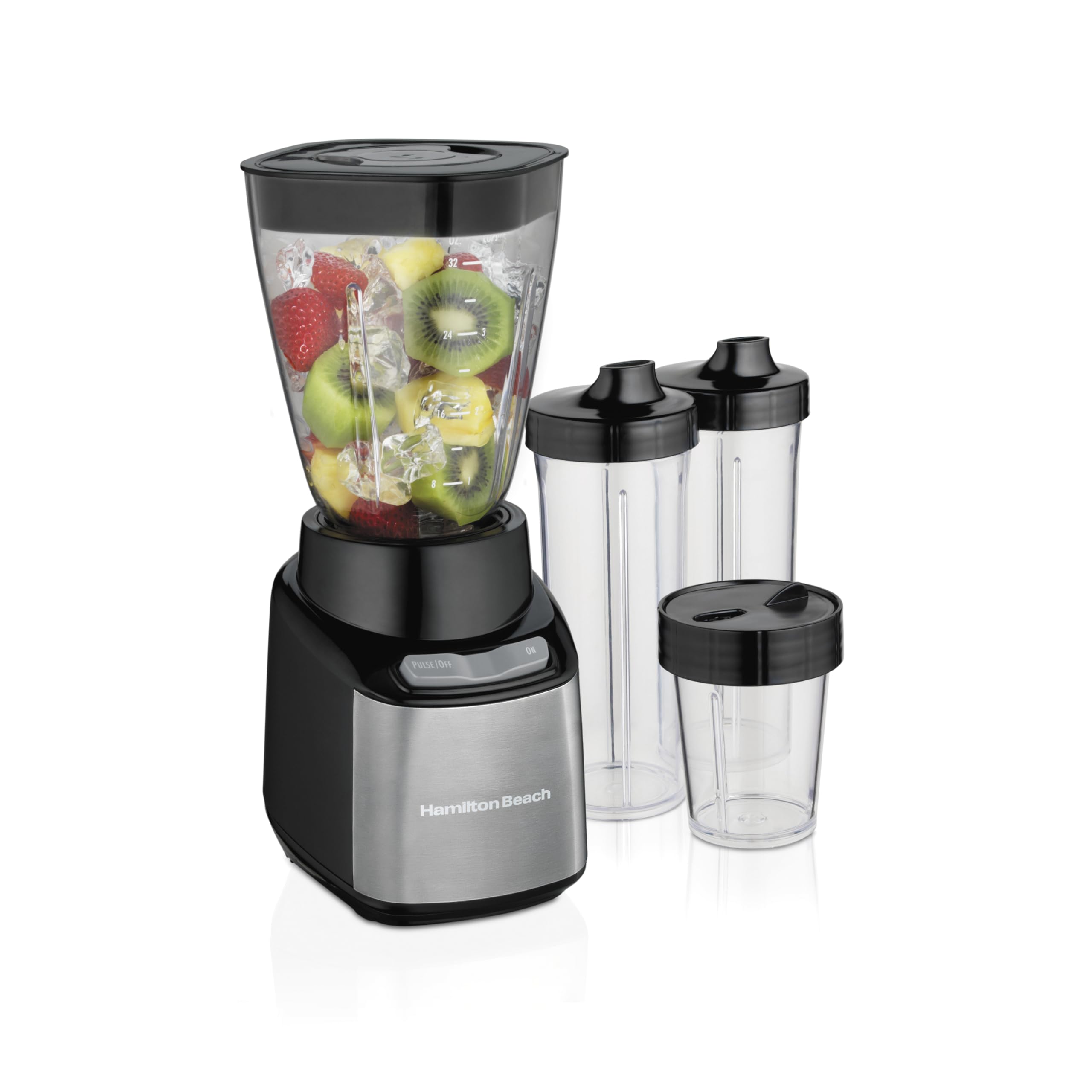 Hamilton Beach 650W MultiBlend Smoothie Blender with 4 BPA-Free Jars - 32oz Pitcher, 8oz Grinder & 2 Travel Cups - Perfect for Smoothies, Nut Butters & On-the-Go Drinks - Black Stainless Steel (52400)