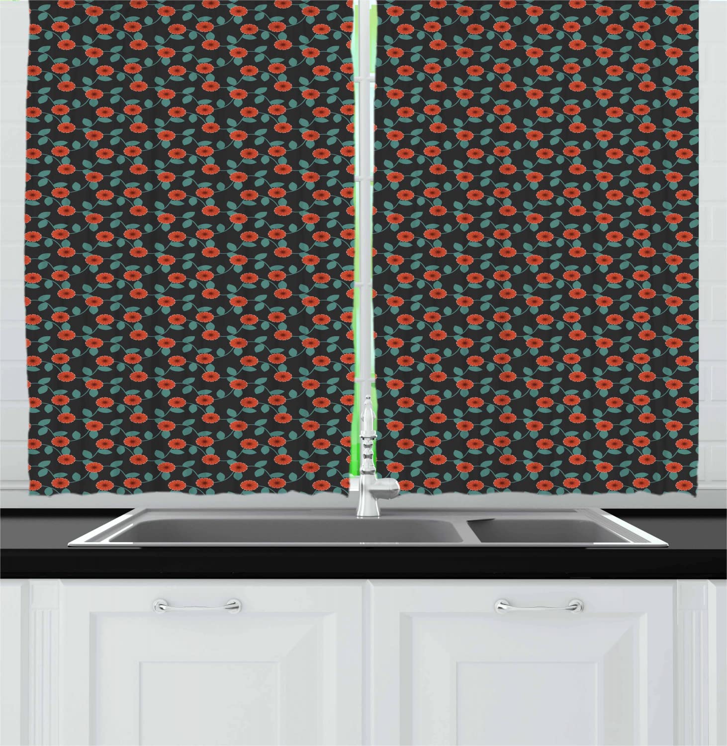 Ambesonne Vine Long Kitchen Curtains - Summer Blossoms Leafy Stems Foliage Dark Backdrop - 2 Panel Rod Pocket Drapes 55x45 Inches - Charcoal Grey Teal Vermilion - Perfect for Farmhouse, Cottage & Vintage Style Kitchen Decor