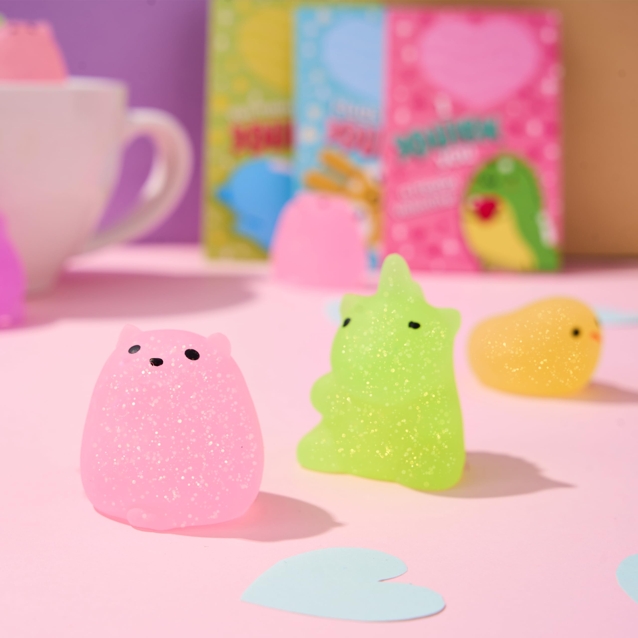 JOYIN 28 Pack Glitter Mochi Squishy Toys with Gift Cards - Stress Relief Fidget Toys for Kids, Valentine's Party Favors, Classroom Prizes & Exchange Gifts - Perfect for Birthday Parties, School Rewards and Sensory Play