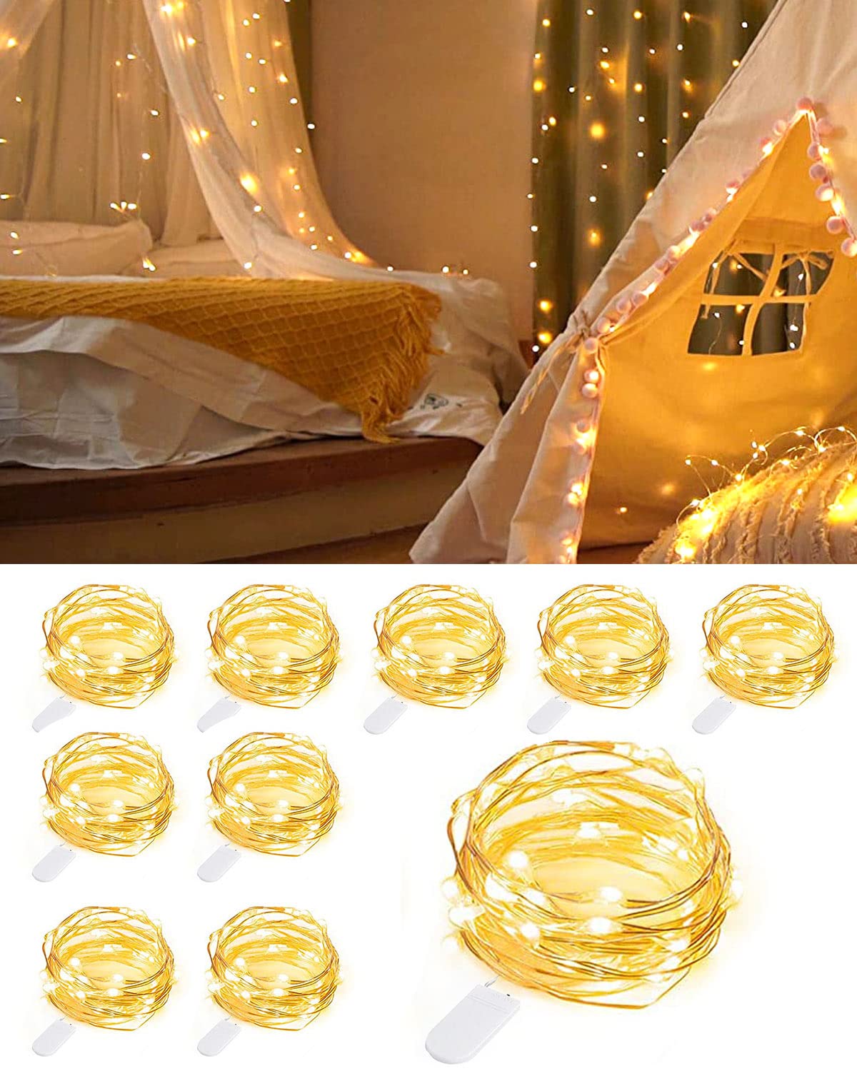10 Pack Battery Fairy Lights 2.4M 24 LED Warm White String Lights - Waterproof Copper Wire LED Lights for Wedding, Party, Home Decor | Indoor & Outdoor Use - Perfect for Christmas, Valentine's Day & Garden Lighting
