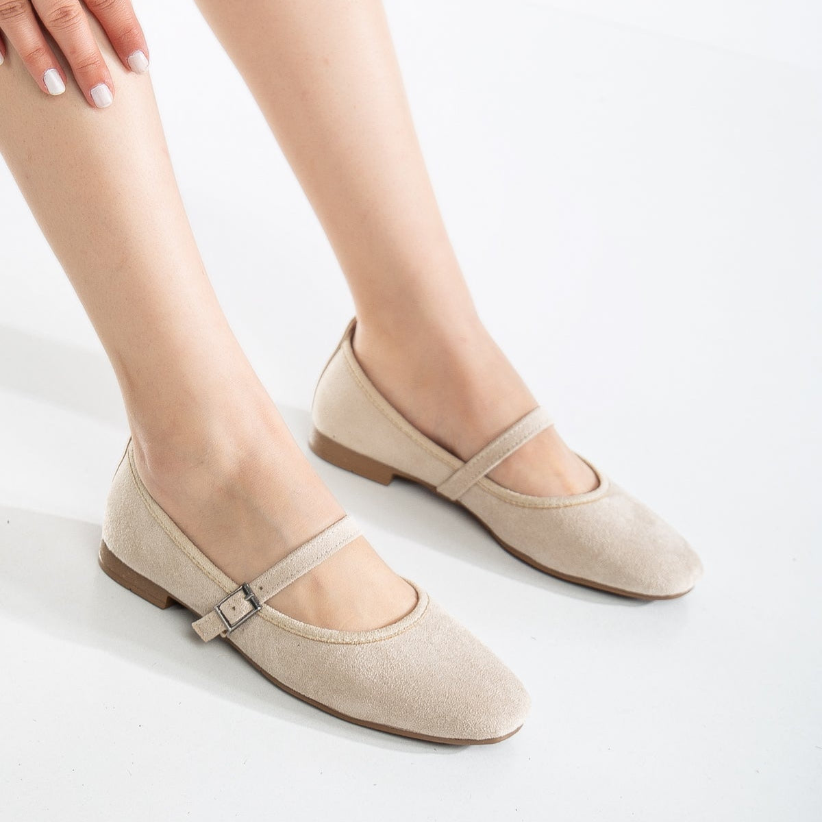 Emilie Women's Beige Suede Mary Jane Flats - Comfortable Casual Shoes for Work, Walking & Everyday Wear