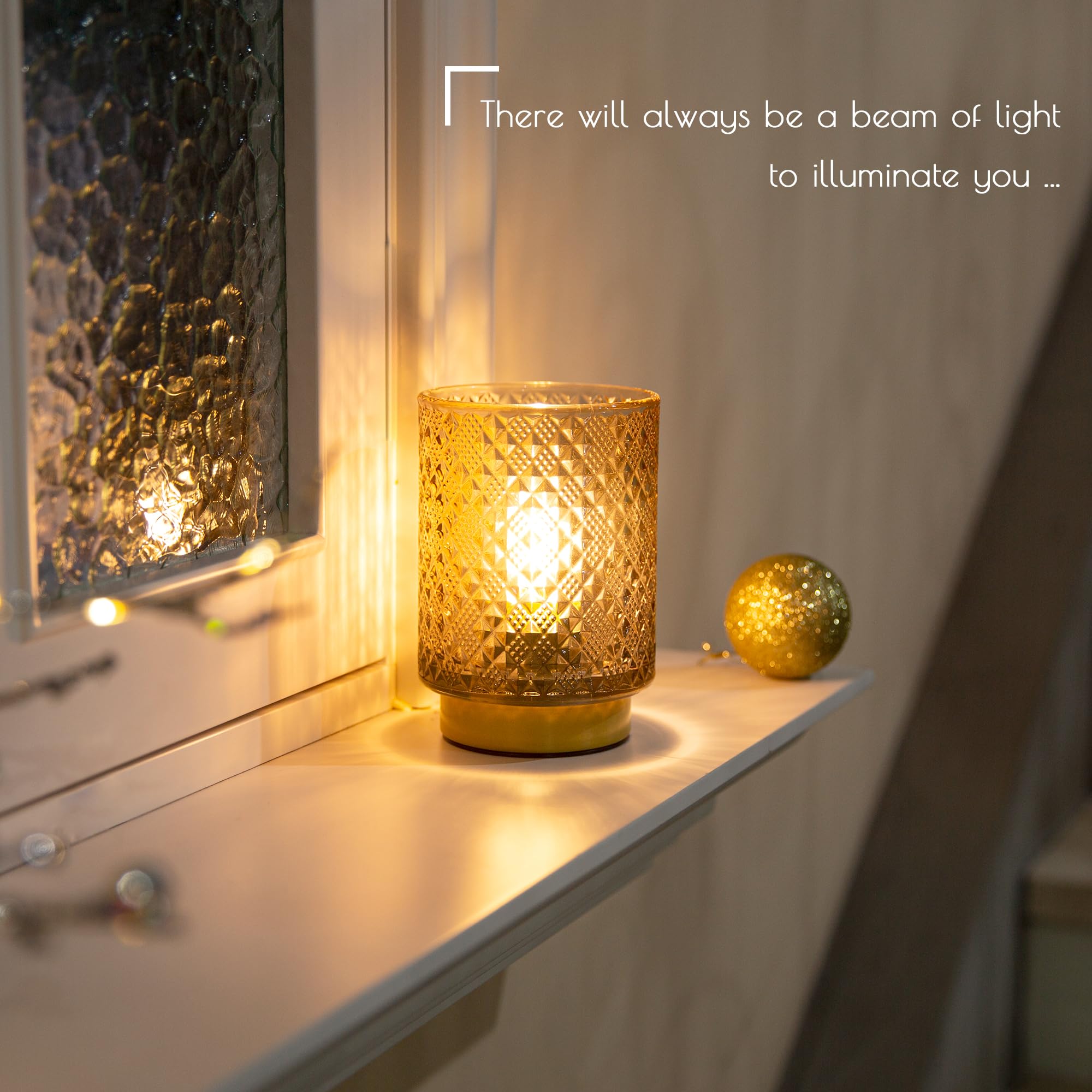 Battery Operated LED Table Lamp with Timer, Cordless Diamond Design Amber Glass Lamp for Bedside, Living Room, Entryway, and Outdoor Use