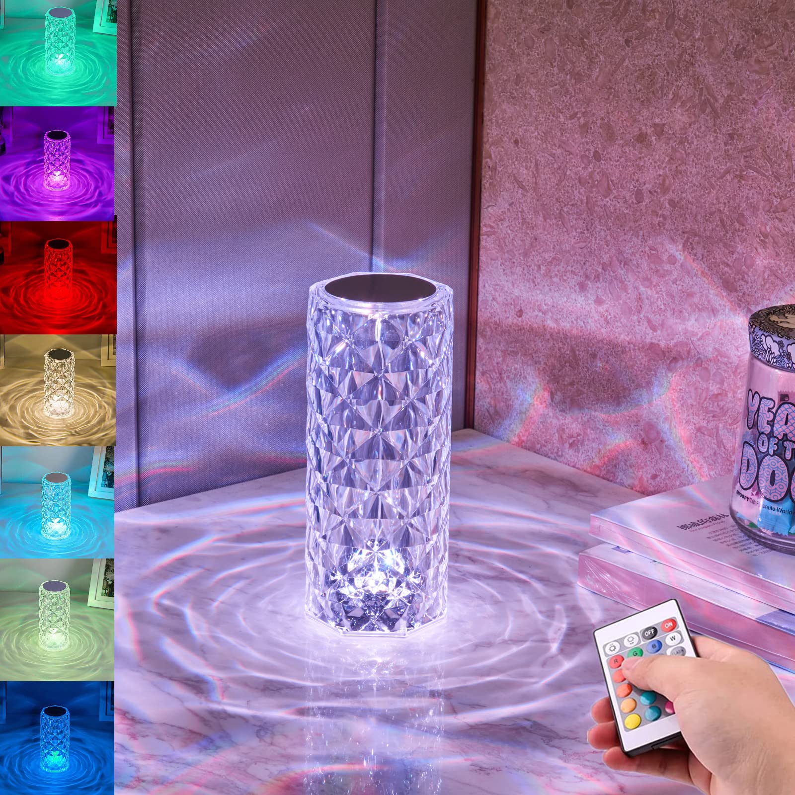 16 Color Changing Crystal Table Lamp - USB Rechargeable Touch Control Rose Crystal Night Light with RGB Modes | Perfect for Bedroom Decor, Living Room Ambiance, Romantic Gifts & Party Lighting