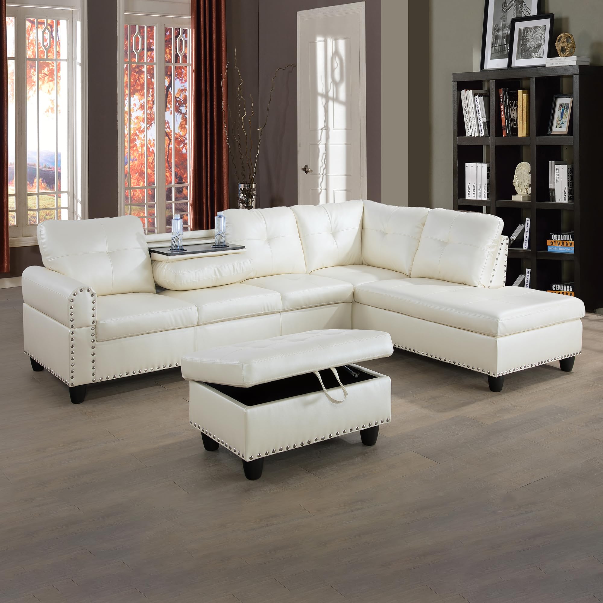3-Piece Faux Leather Sectional Sofa Set with Chaise Lounge & Storage Ottoman - Button Tufted Upholstered Modular Couch, L-Shaped Living Room Furniture with Foldable Console & Cup Holders (White) | Perfect for Small Spaces, Apartments & Cozy Family Movie Nights