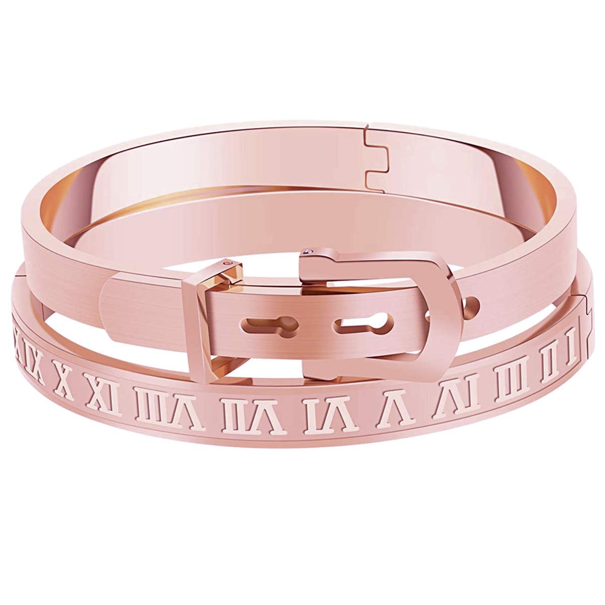 Jaline Stainless Steel Roman Numeral Bangle Bracelet Set - Gold, Silver & Rose Gold Plated Unisex Jewelry for Men & Women - Personalized Engraved Gift (2PC Rose Gold) - Perfect for Anniversaries, Weddings & Special Occasions