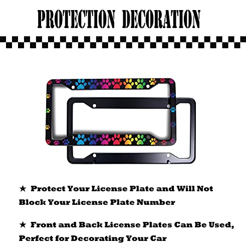 2PC Rainbow Paws License Plate Frames - Printed Car Plates with 4 Holes & Screws for Animal Lovers - Perfect for Pet Owners, Car Enthusiasts & Gift Giving