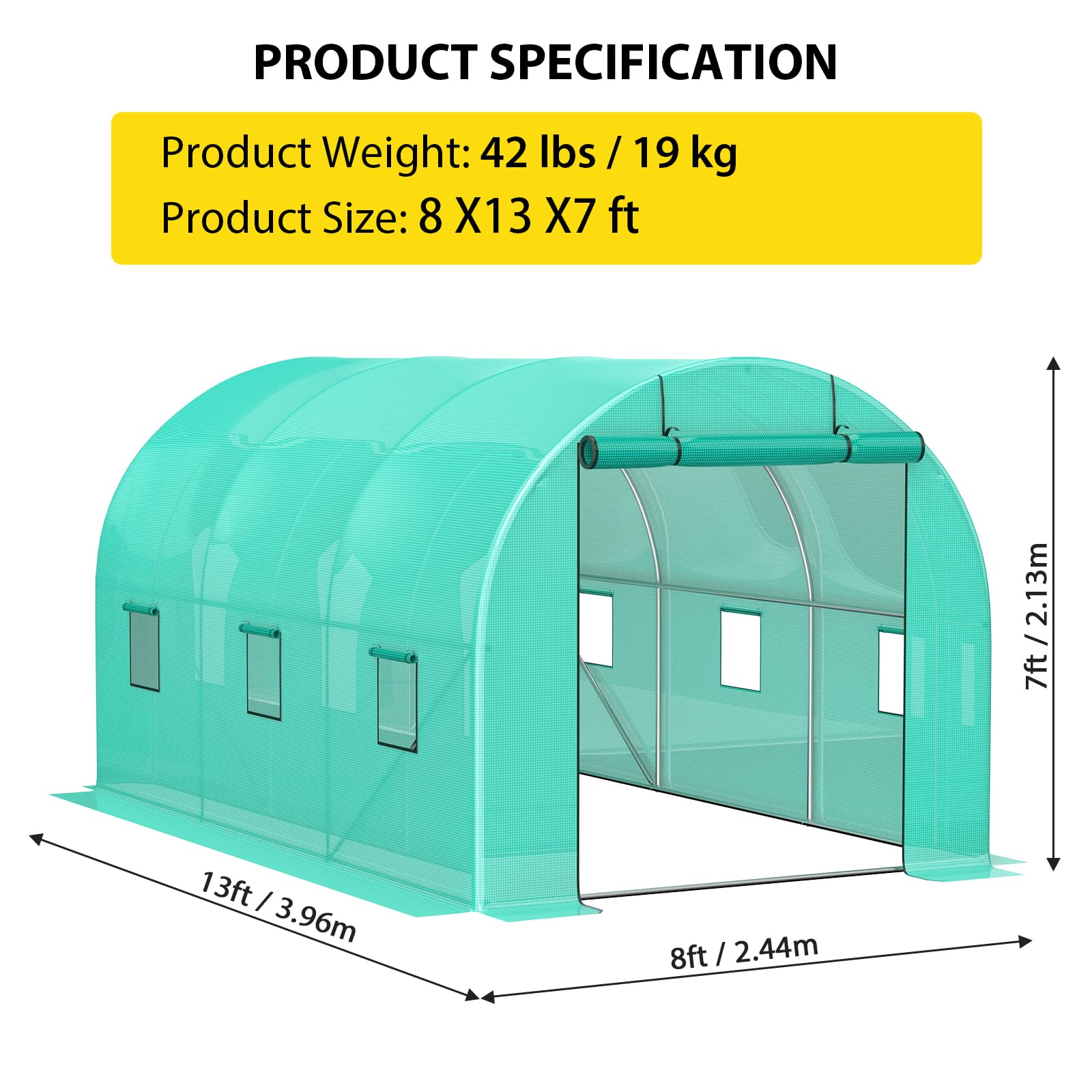 GARVEE 13'x8'x7' Walk In Greenhouse Tunnel with Galvanized Steel Frame - 140g/m² PE Cover, Roll-Up Zipper Door & 6 Vent Windows | Durable Hoop House for Gardening, Plant Protection & Year-Round Growing | Perfect for Backyards, Urban Farming & Hobby Gardeners