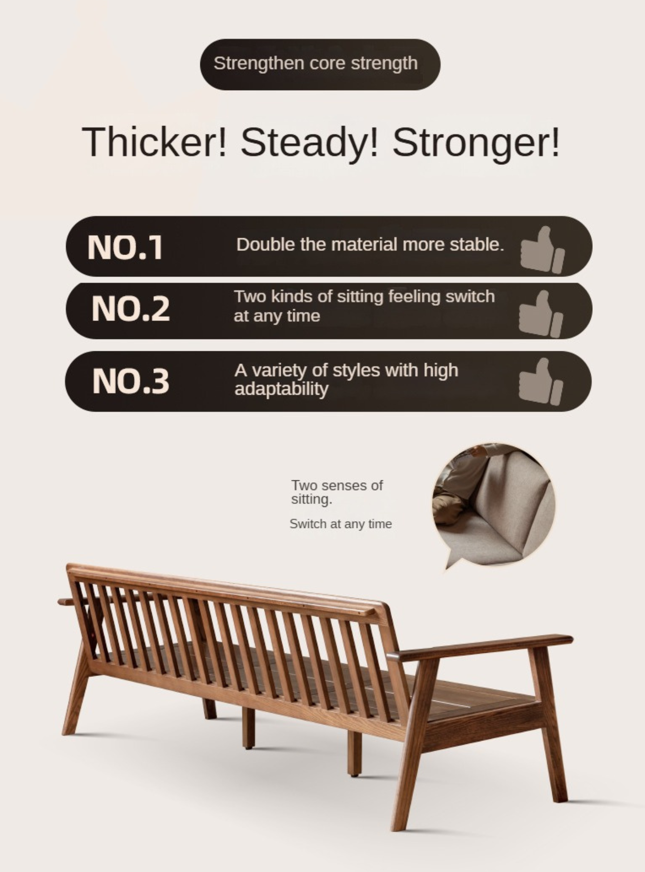 Solid Oak Wood Straight Sofa - 4 Fabric Color Options for Living Room, Office & Lounge Areas