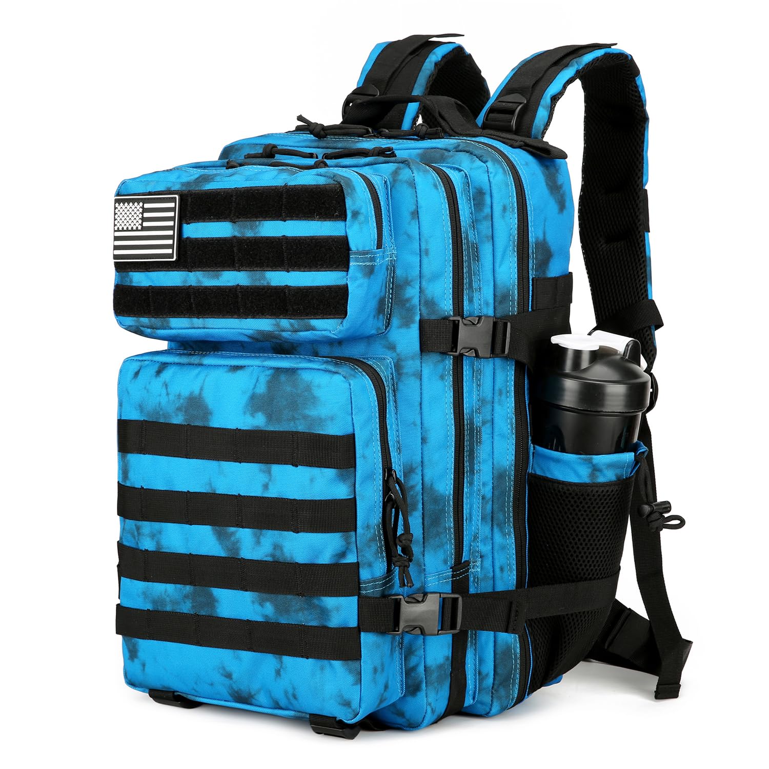 25L Tactical Backpack Military Molle Rucksack - Water Resistant Outdoor Hiking Camping Backpack for Men & Women - Perfect for Travel, Assault Training & Survival Gear (Blue Camo Pattern)