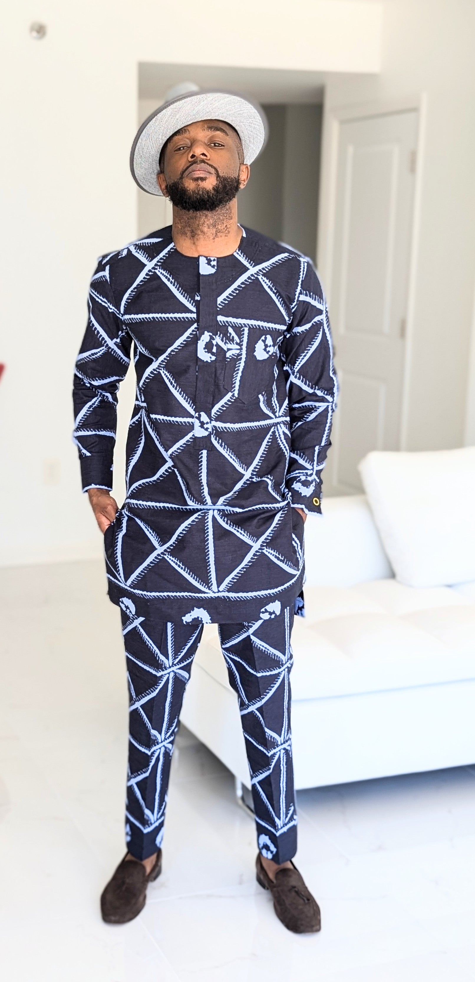 Dupsie's Chike Navy Blue & Light Blue African Print Ankara Dashiki Top and Pants Set DP9100TP - Perfect for Cultural Events, Weddings & Afrocentric Fashion