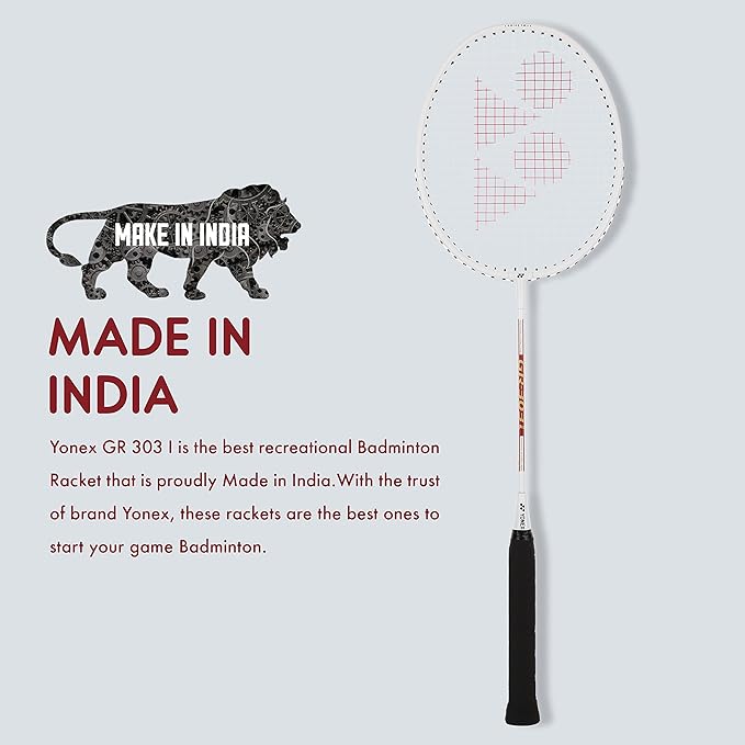 Yonex GR 303i White Prestrung Badminton Racket - Professional Grade Tennis Racket for Indoor/Outdoor Play - Made in India | Perfect for Tournaments, Training & Recreational Games