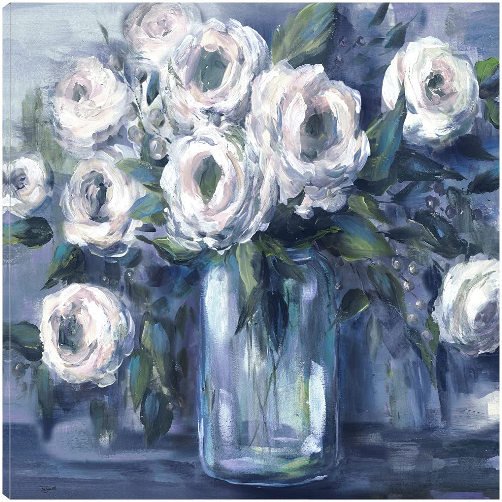 Indigo and White Floral Mason Jar Canvas Wall Art - 22x22 Inch Ready to Hang Home Decor for Living Room, Bedroom, Bathroom & Office - Perfect for Farmhouse, Boho & Modern Interior Design Styles