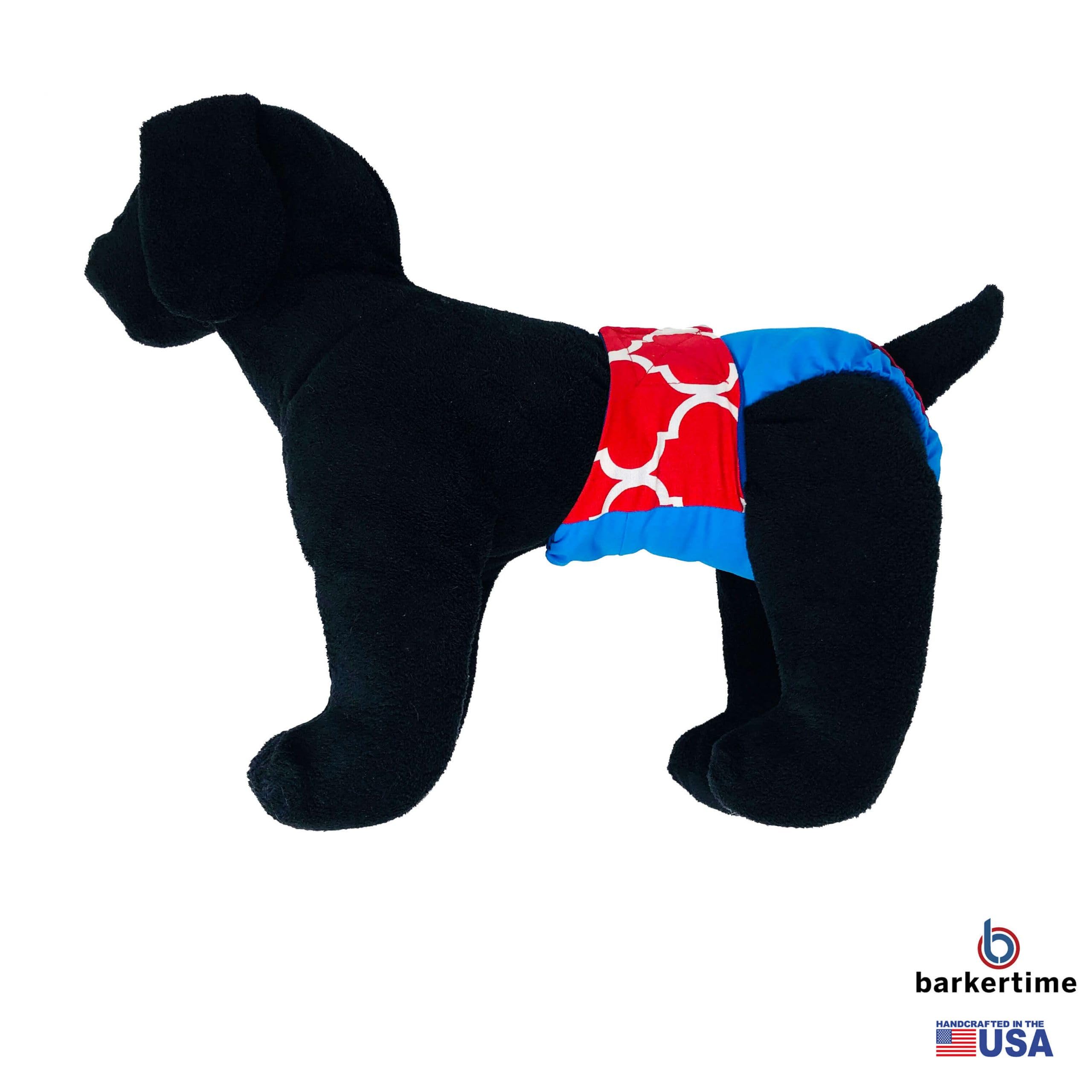 Premium Waterproof Dog Diaper XXL - Red Quatrefoil Aqua Blue Design with Tail Hole - Made in USA - Ideal for Incontinence, Travel & Post-Surgery Care