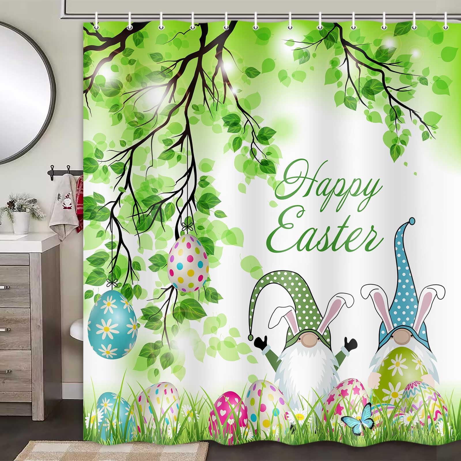 Boziqr Easter Gnome Shower Curtain - Cute Rabbit Spring Design with Green Leaves & Colorful Eggs Decor - 70x70 Inch Waterproof Fabric Bathroom Curtain for Easter Decorations, Spring Home Decor & Holiday Bathroom Makeover
