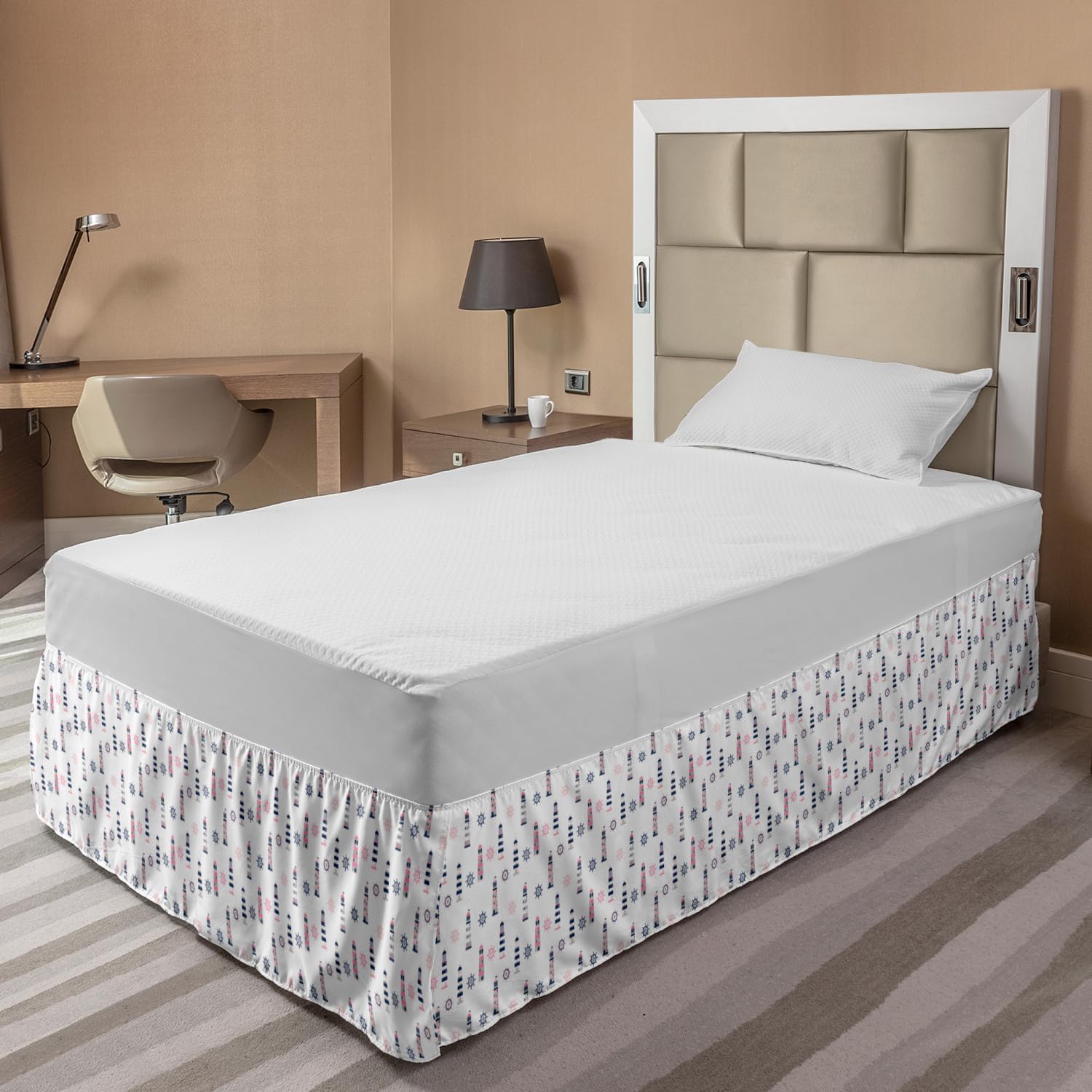 Ambesonne Nautical Bed Skirt - Sea Coast Theme with Steering Wheel & Lighthouse Design, Elastic Wrap Around Dust Ruffle for Full Size Beds, Pastel Pink Pearl Indigo | Perfect for Beach House Decor & Coastal Bedroom Styling