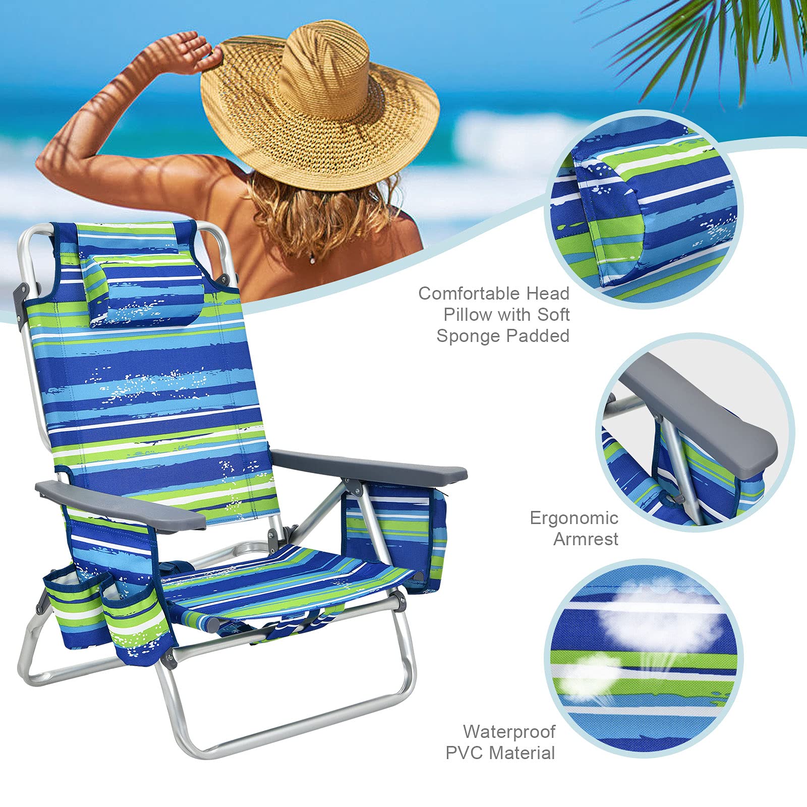 S AFSTAR 2-Pack Folding Beach Chair Set with Adjustable Aluminum Table - 5-Position Reclining Camping Chairs with Ice Bag & Comfort Pillow - Portable Backpack Beach Chairs for Outdoor, Picnic, Travel (Blue+Green)