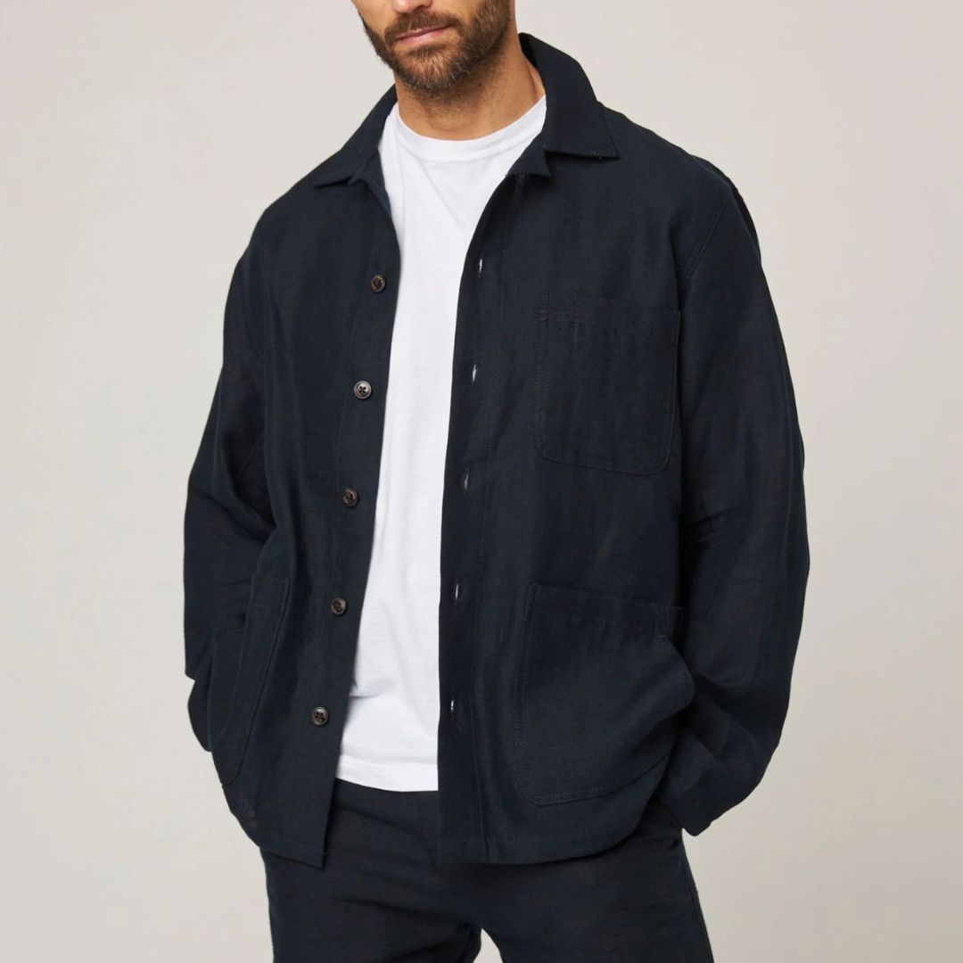 Navy Blue Linen Shacket for Men & Women - Lightweight Overshirt Jacket for Spring & Fall - Casual Layering for Outdoor Activities