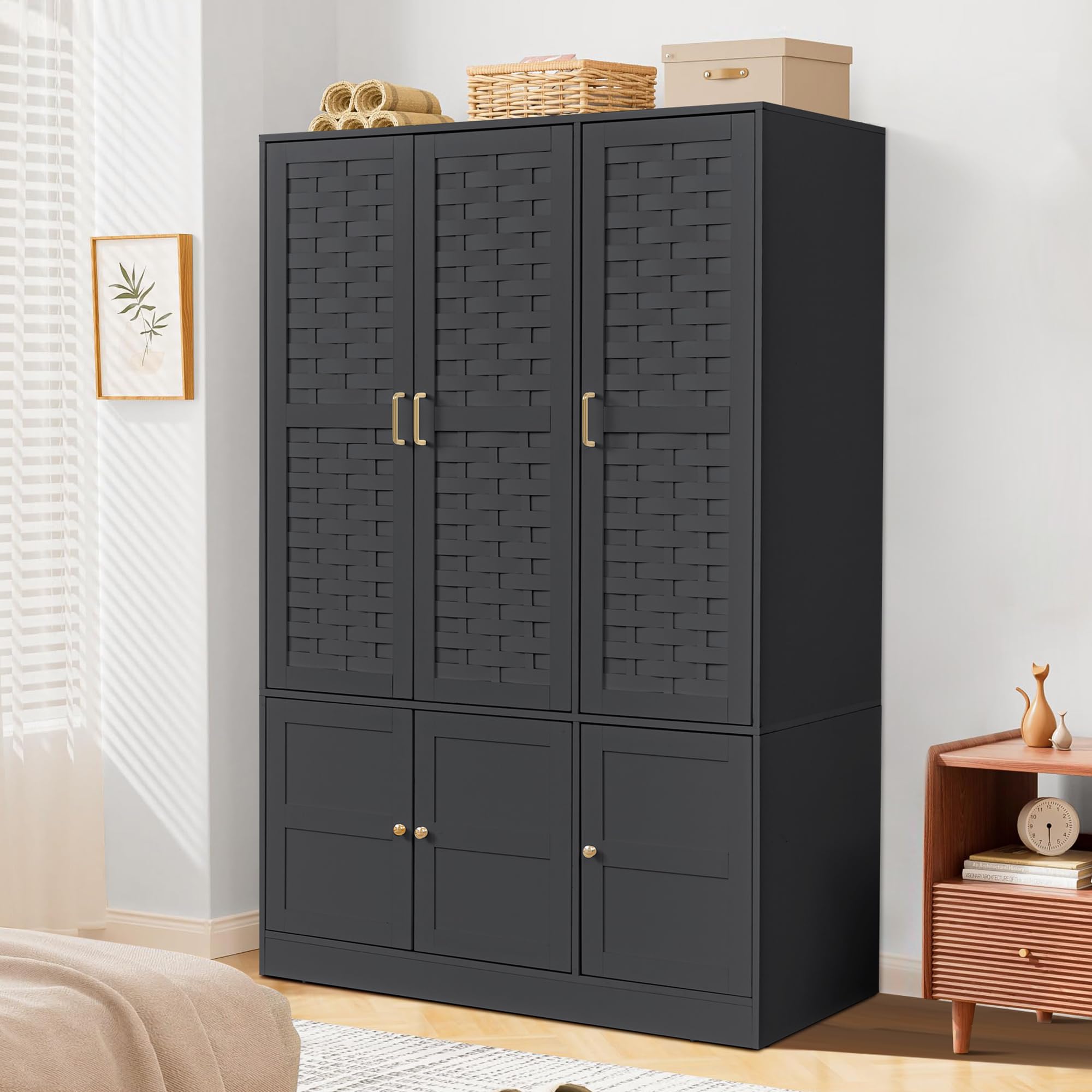 Large Wooden Armoire Wardrobe with 6 Woven Doors & 8 Shelves - Spacious Storage Cabinet with Metal Handles & Hanging Rod for Bedroom, Closet or Living Room Organization (Black)