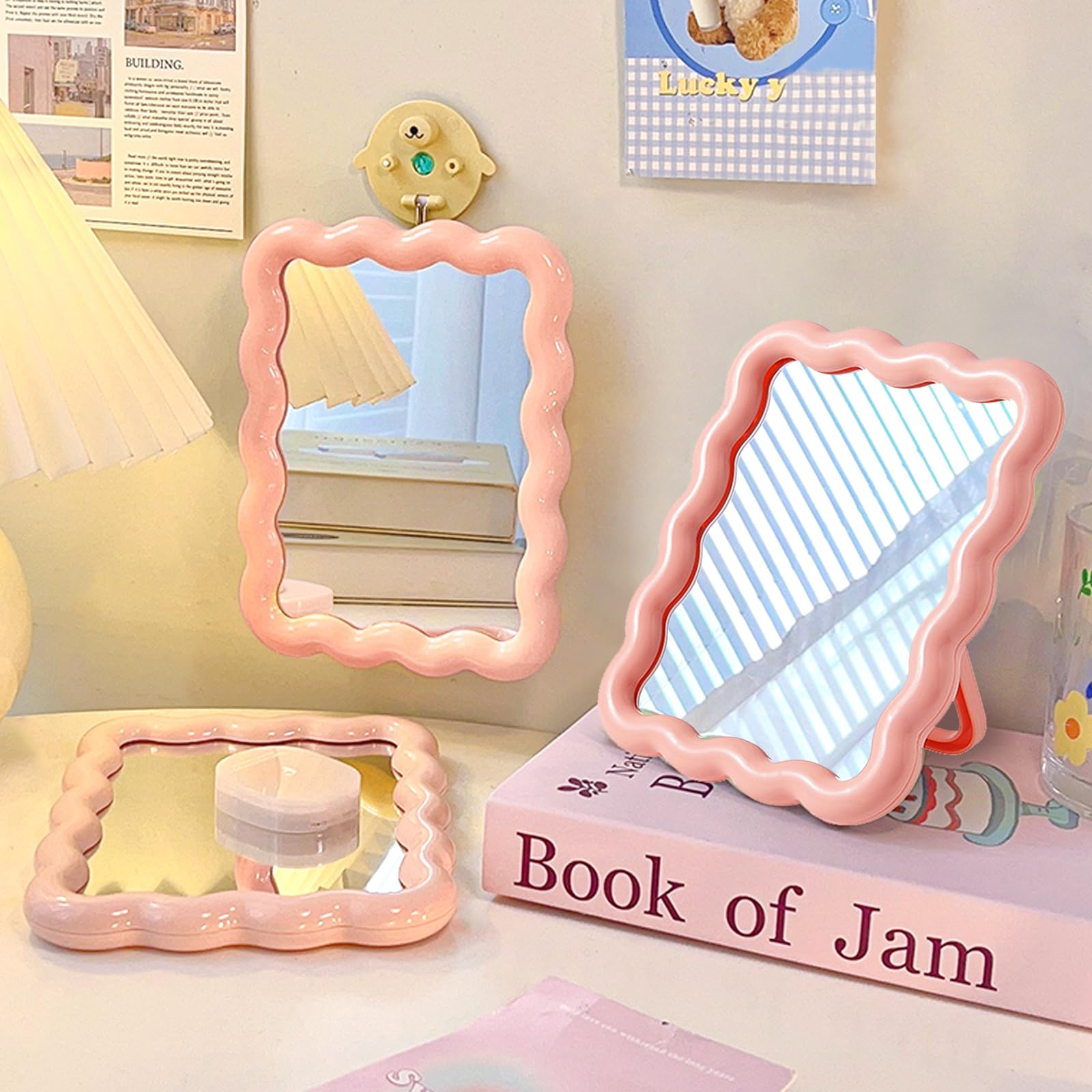 Wave Shaped Vanity Mirror - Portable Folding Makeup Mirror for Travel & Home (6.7X5.3 Inch, Pink) - Perfect for Bedroom & On-the-Go Touch Ups