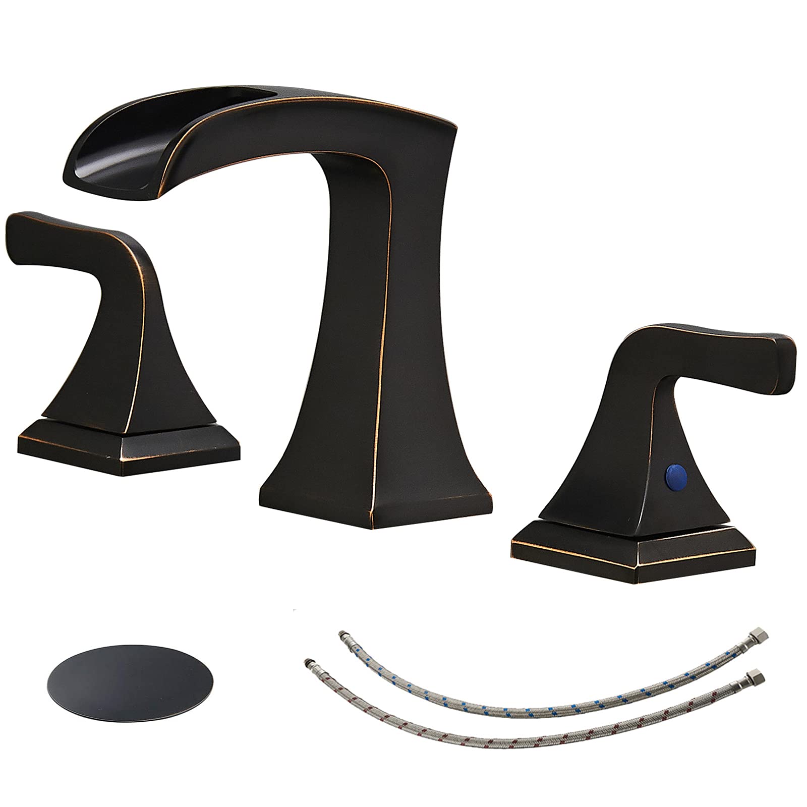 BWE Oil Rubbed Bronze 8-Inch Widespread Bathroom Faucet - 2-Handle 3-Hole Lavatory Sink Mixer Tap with Drain Assembly, Overflow & Supply Hoses - Perfect for Modern Bathroom Vanities and Powder Rooms