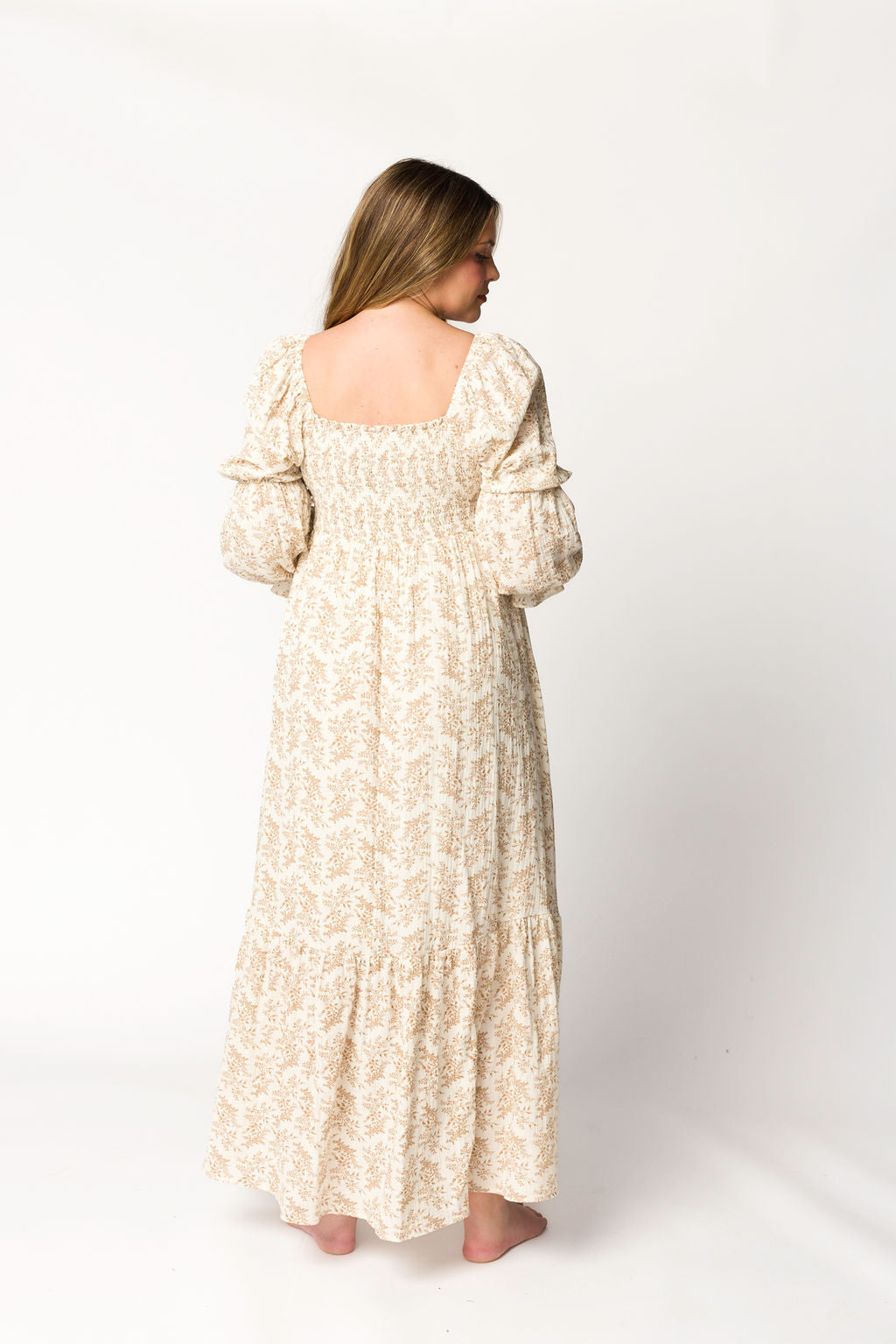 Emerson 100% Cotton Gauze Maxi Dress - Natural/Tan Floral Print, Bump Friendly Maternity Dress for Women | Boho Summer Beach Dress, Pregnancy Photoshoot, Casual Outfit