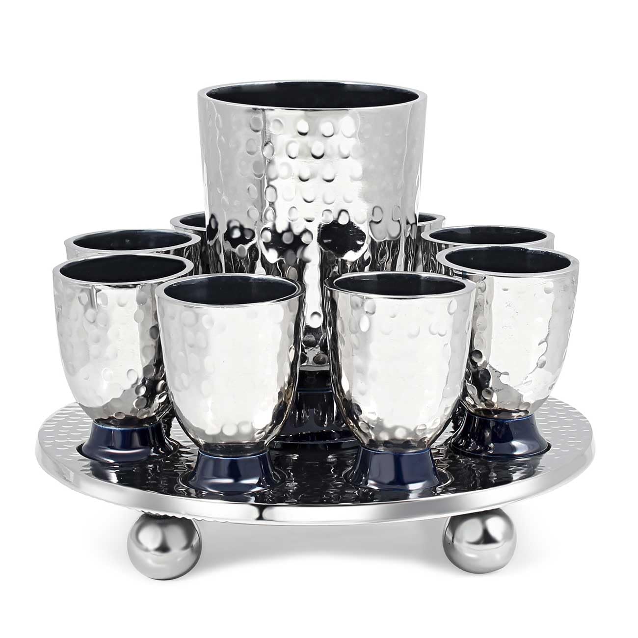 Zion Judaica Shabbat Blue Enamel Kiddush Cup & Wine Fountain Set - 7.5 oz Hammered Metal Goblet with 8 Mini 1.2 oz Stemmed Shot Cups - Perfect for Shabbat, Passover, Holidays & Pesach Seder Table Decor - Elegant Jewish Ceremonial Wine Set for Home Celebrations